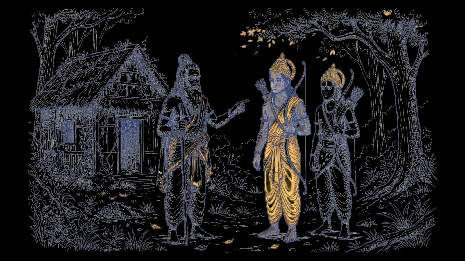 एक पुराने, सुनसान आश्रम की ओर इशारा करके कहानी सुनाते ऋषि विश्वामित्र, और ध्यान से सुनते राम और लक्ष्मण