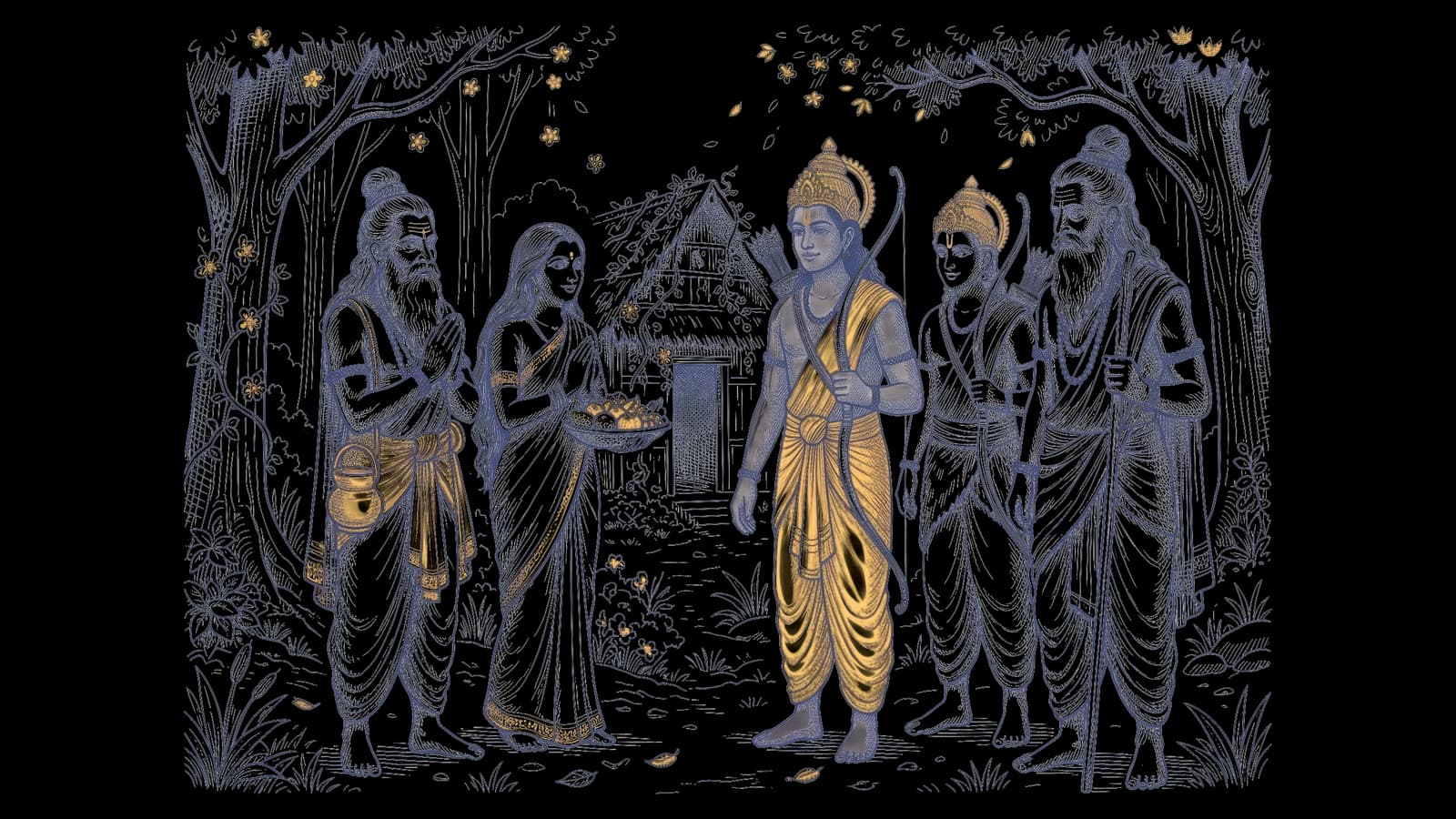 फूलों से फिर खिल उठे आश्रम में ऋषि गौतम और अहल्या हाथ जोड़कर राम, लक्ष्मण और विश्वामित्र का स्वागत कर रहे हैं