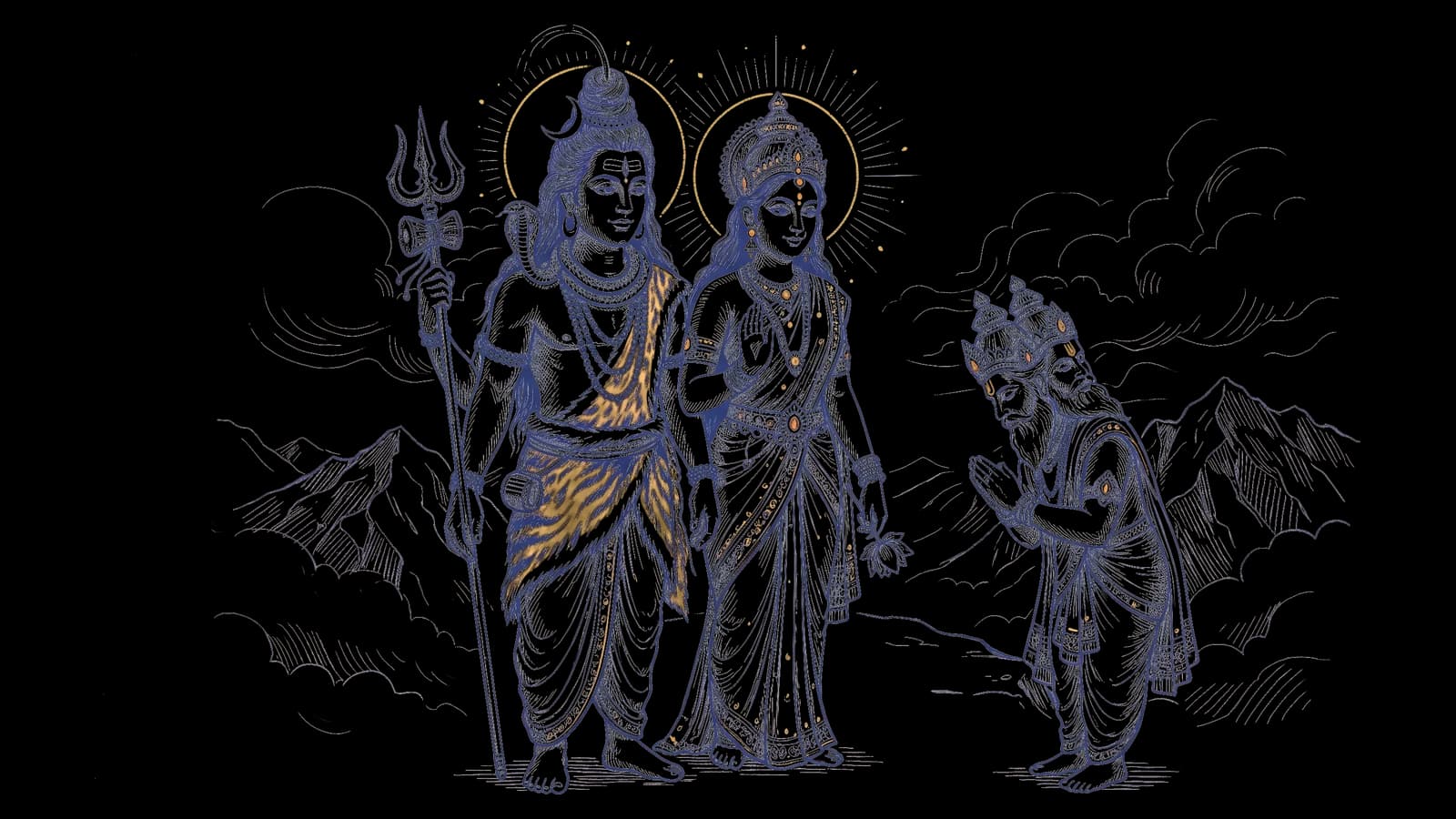 भगवान शिव और उनके पास खड़ी देवी शक्ति, सामने हाथ जोड़े ब्रह्मा जी