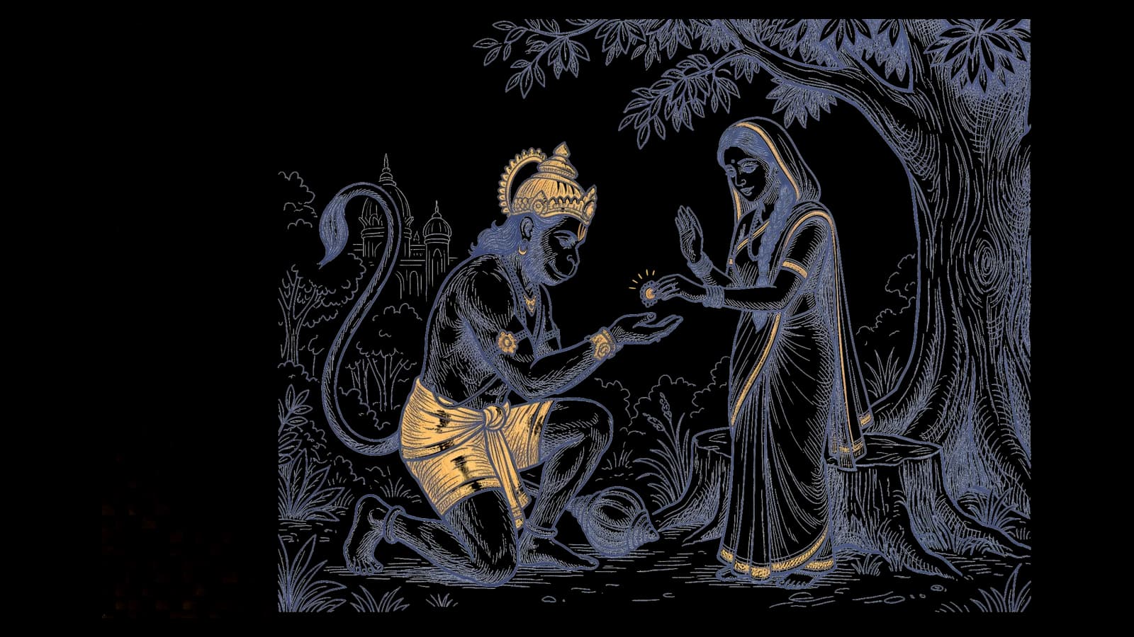 सीता माता हनुमान जी को अपनी चूड़ामणि देती हुईं, और हाथ जोड़कर उसे लेते हनुमान जी