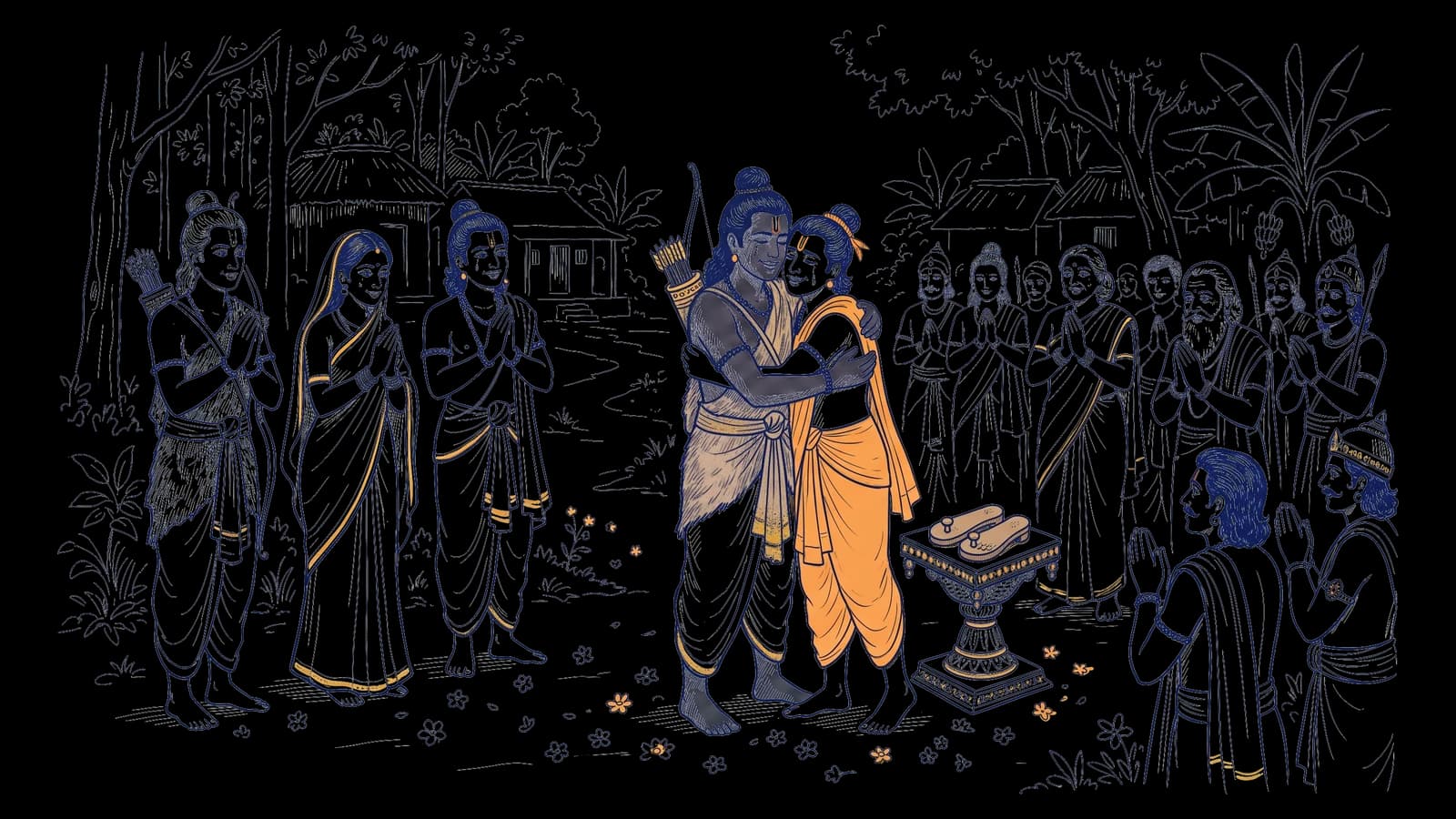 नंदीग्राम में भरत और राम ख़ुशी के आँसुओं के साथ एक-दूसरे को गले लगा रहे हैं, पास में सजी चौकी पर राम की खड़ाऊँ, और चारों ओर हाथ जोड़े सीता, लक्ष्मण, शत्रुघ्न और अयोध्यावासी
