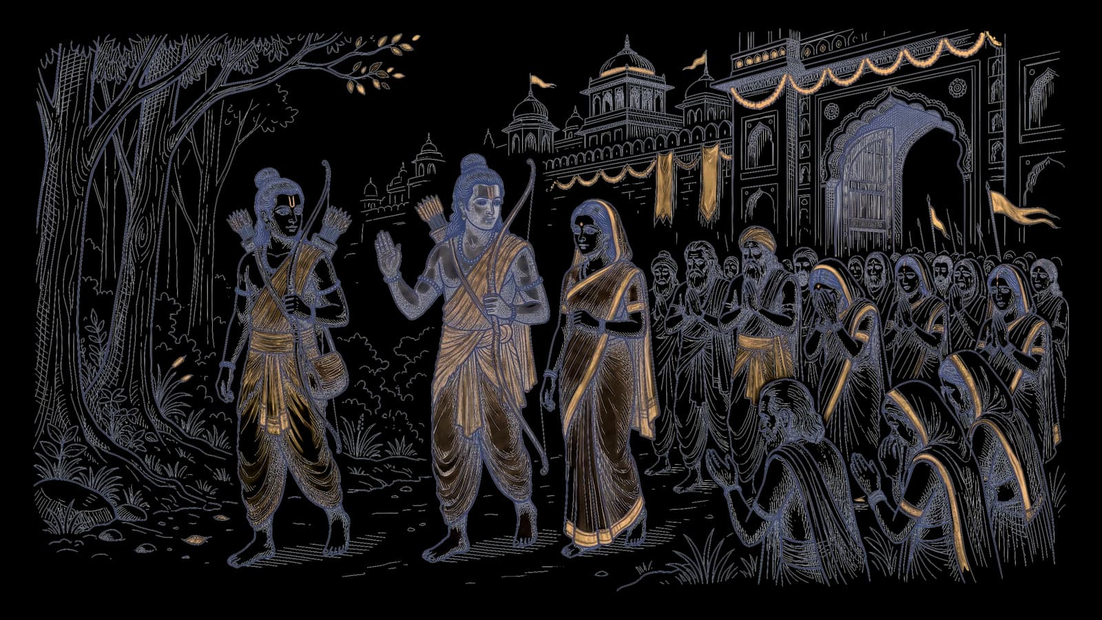 वल्कल वस्त्र पहने राम, सीता और लक्ष्मण अयोध्या के द्वार से वन की ओर निकल रहे हैं, और राम मुड़कर रोते हुए अयोध्यावासियों को हाथ उठाकर सांत्वना दे रहे हैं