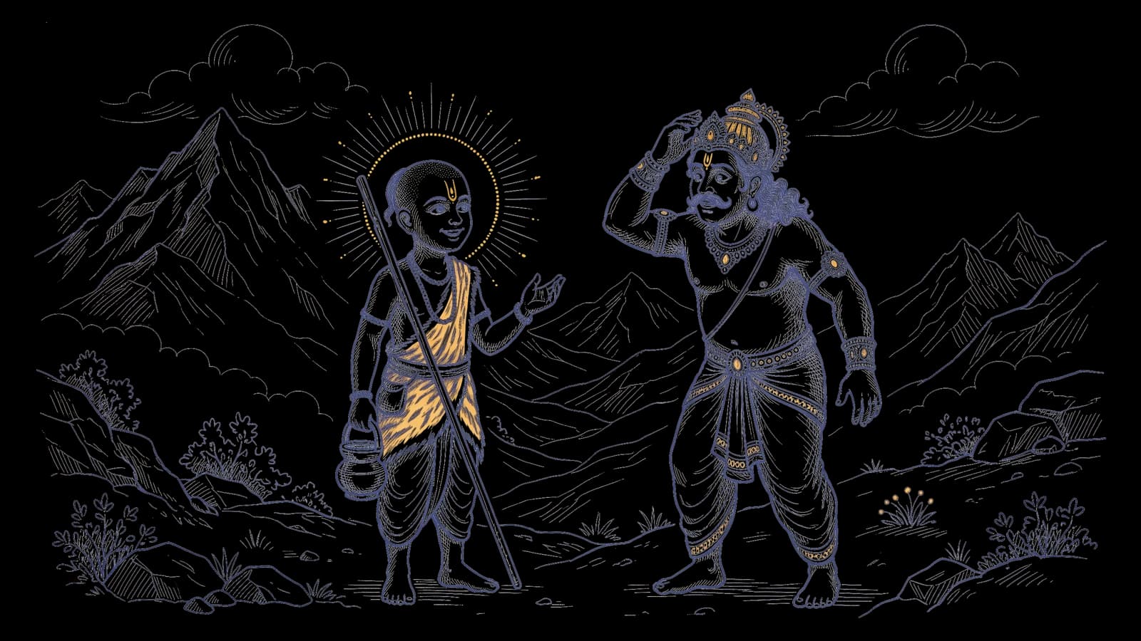 युवा ब्रह्मचारी के रूप में भगवान विष्णु भस्मासुर से बात कर रहे हैं, और उलझन में पड़ा भस्मासुर अपना हाथ अपने ही सिर की ओर उठा रहा है