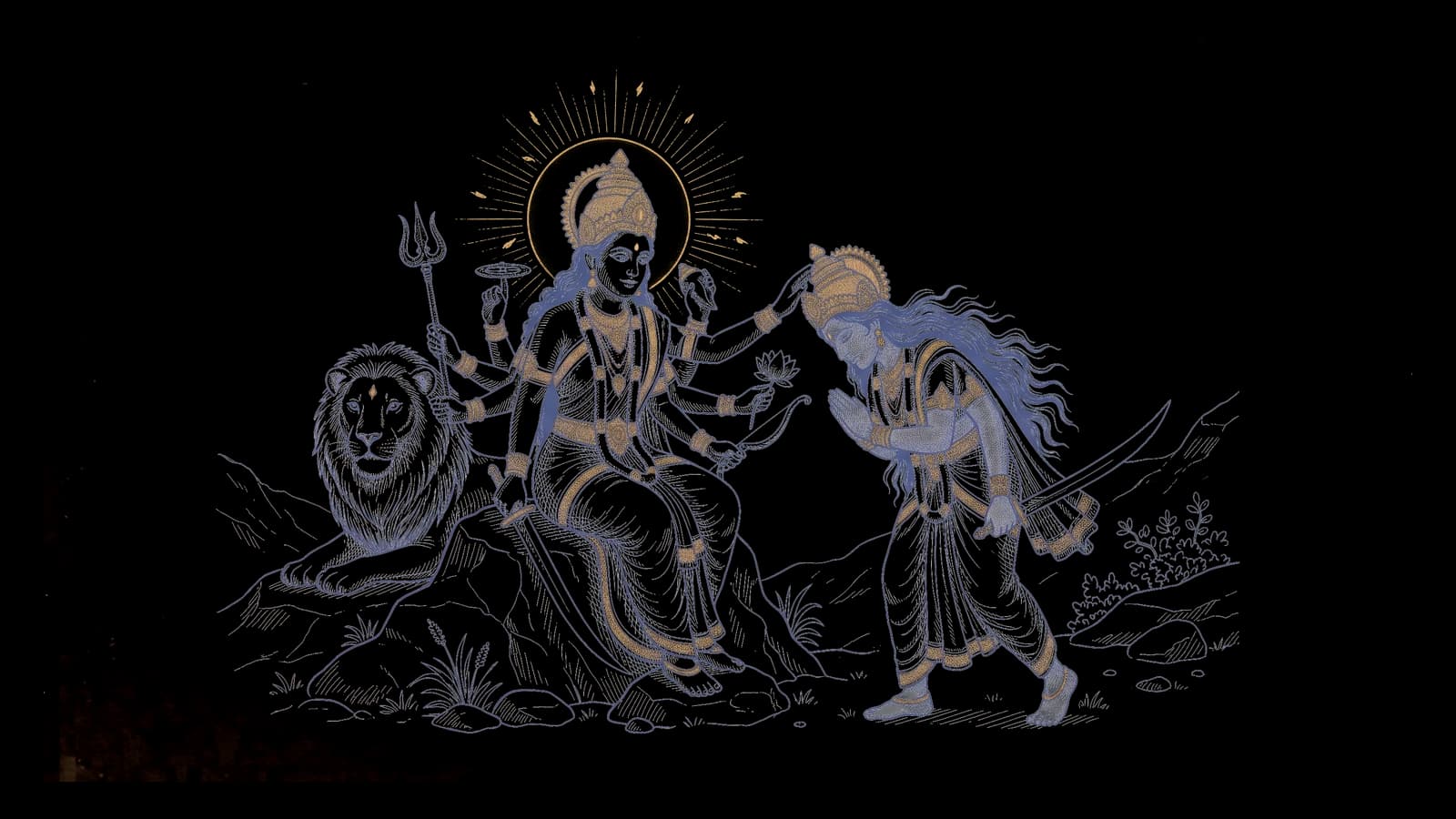 देवी अंबिका प्रेम से माँ काली को आशीर्वाद देकर उन्हें चामुंडा नाम दे रही हैं, दोनों देवियाँ साथ में, पीछे सिंह