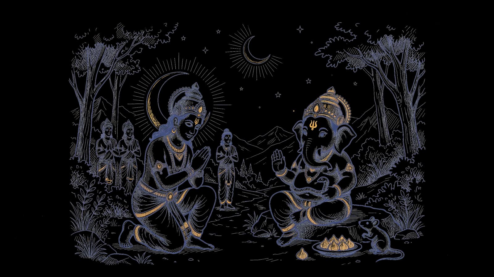 हाथ जोड़े चंद्रमा गणेश जी से क्षमा माँग रहे हैं, और गणेश जी आशीर्वाद देते हुए