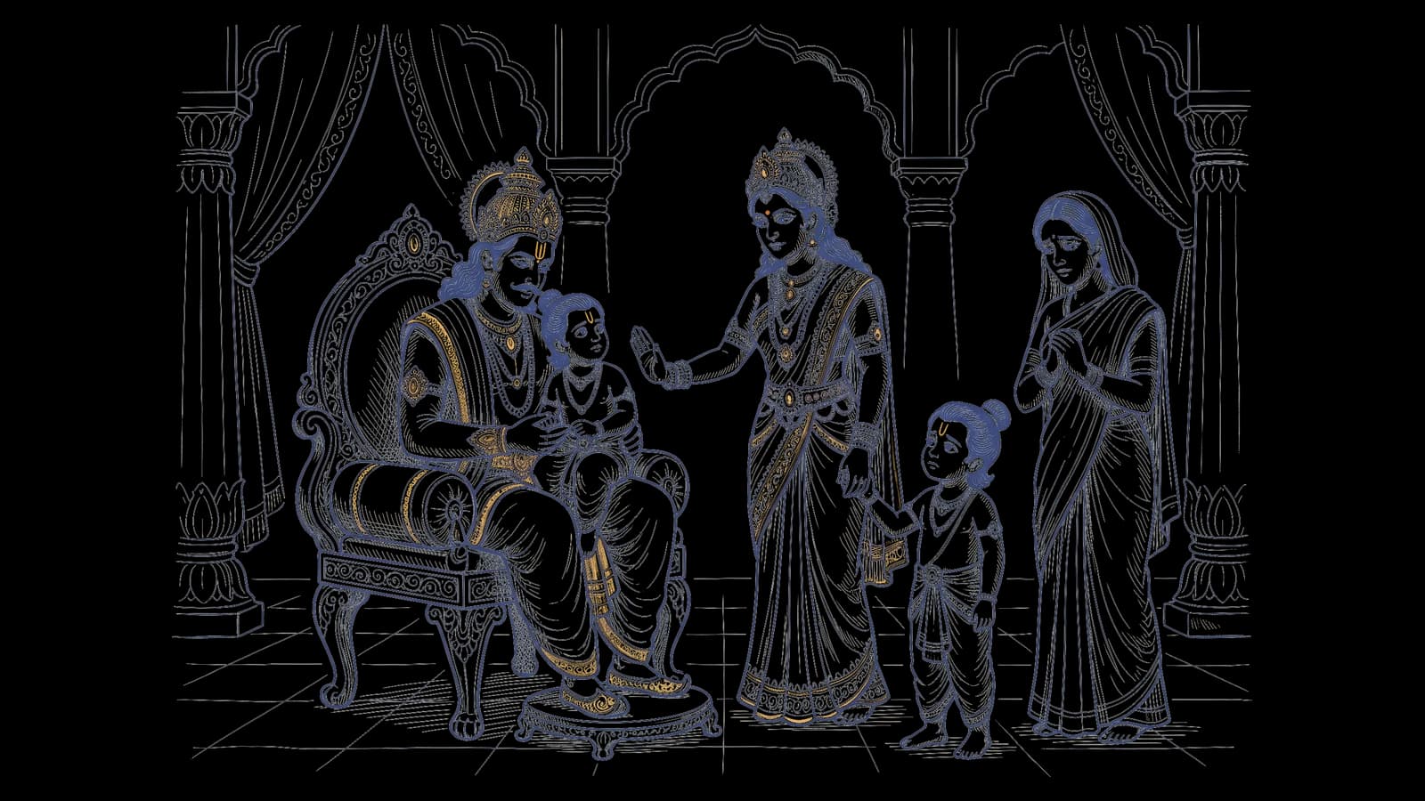 सिंहासन पर बैठे राजा की गोद में उत्तम, पिता की गोद में चढ़ना चाहते नन्हे ध्रुव को रोकती रानी सुरुचि, और पास खड़ी उदास माँ सुनीति