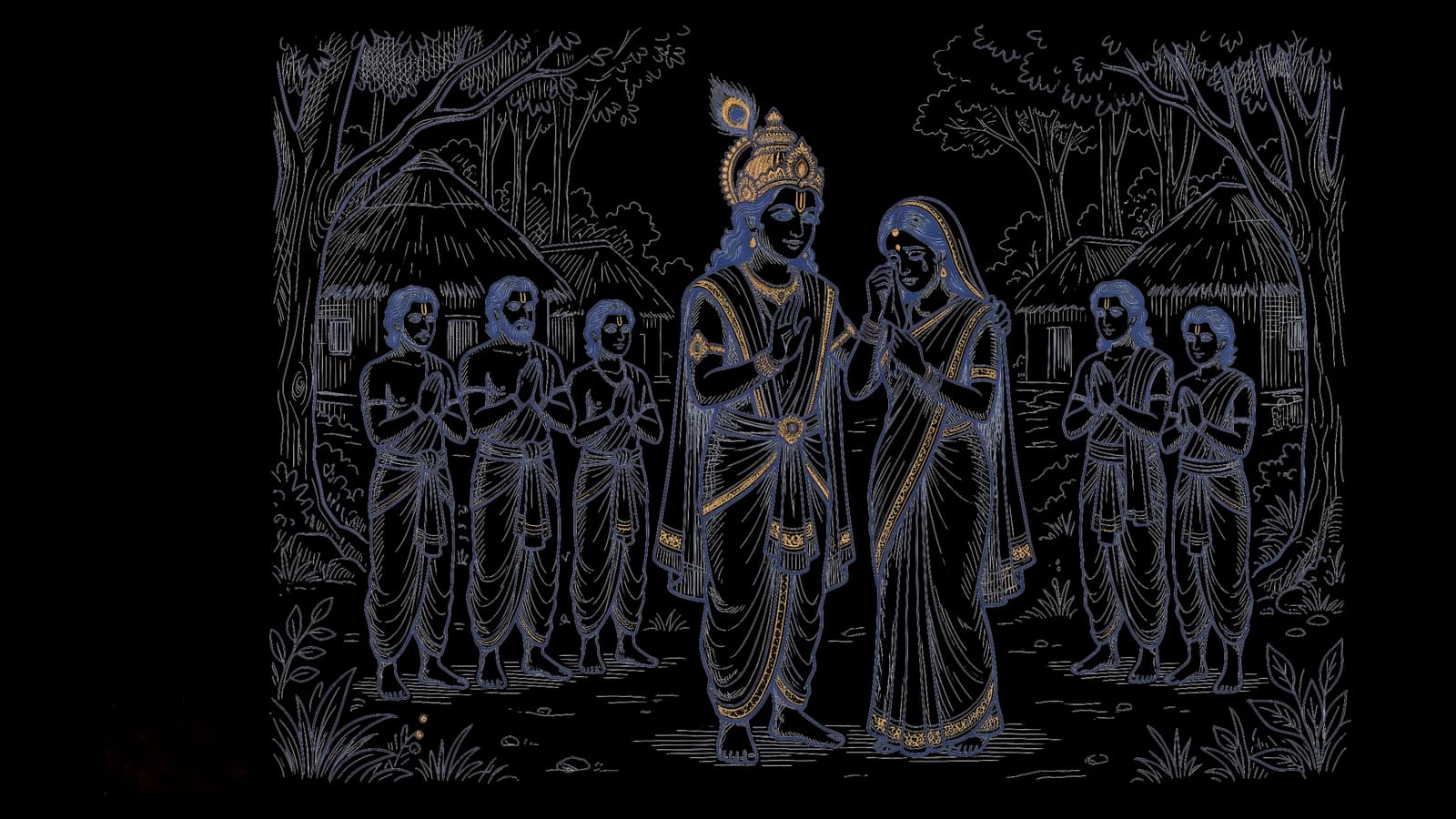 वन में झोंपड़ियों के बीच श्री कृष्ण द्रौपदी को सांत्वना दे रहे हैं, द्रौपदी आँसू पोंछ रही हैं, और पास में हाथ जोड़े पाँचों पांडव