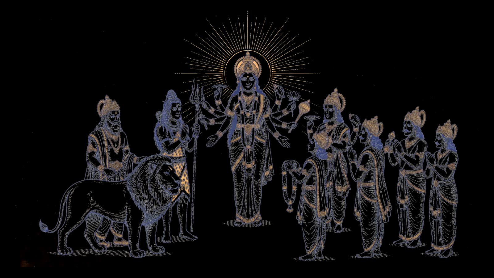 बीच में खड़ी माँ दुर्गा को देवता अपने अस्त्र भेंट कर रहे हैं, शिव जी त्रिशूल, विष्णु जी चक्र, इंद्र वज्र, और हिमवान सिंह को लेकर आ रहे हैं
