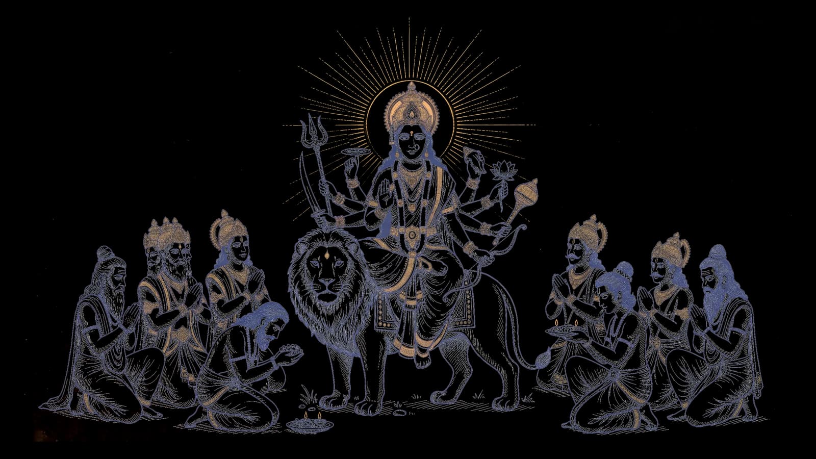 सिंह पर विराजमान माँ दुर्गा आशीर्वाद दे रही हैं, और देवता और ऋषि हाथ जोड़कर फूल और दीप लेकर उन्हें प्रणाम कर रहे हैं