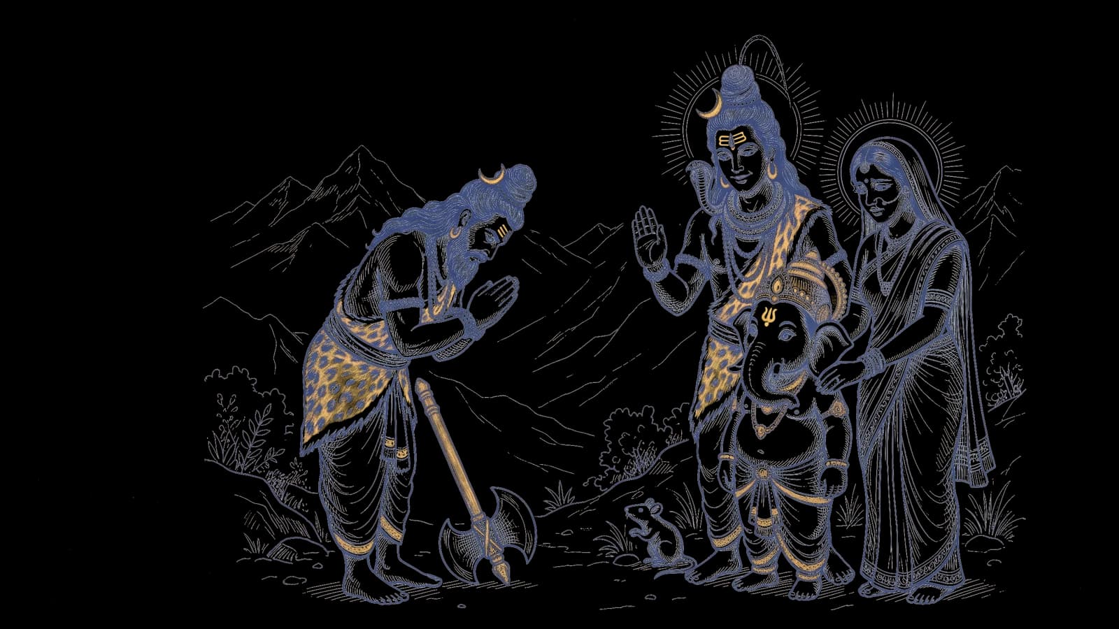 टूटे दाँत वाले गणेश जी, माता पार्वती और शिव जी, और हाथ जोड़े परशुराम जी