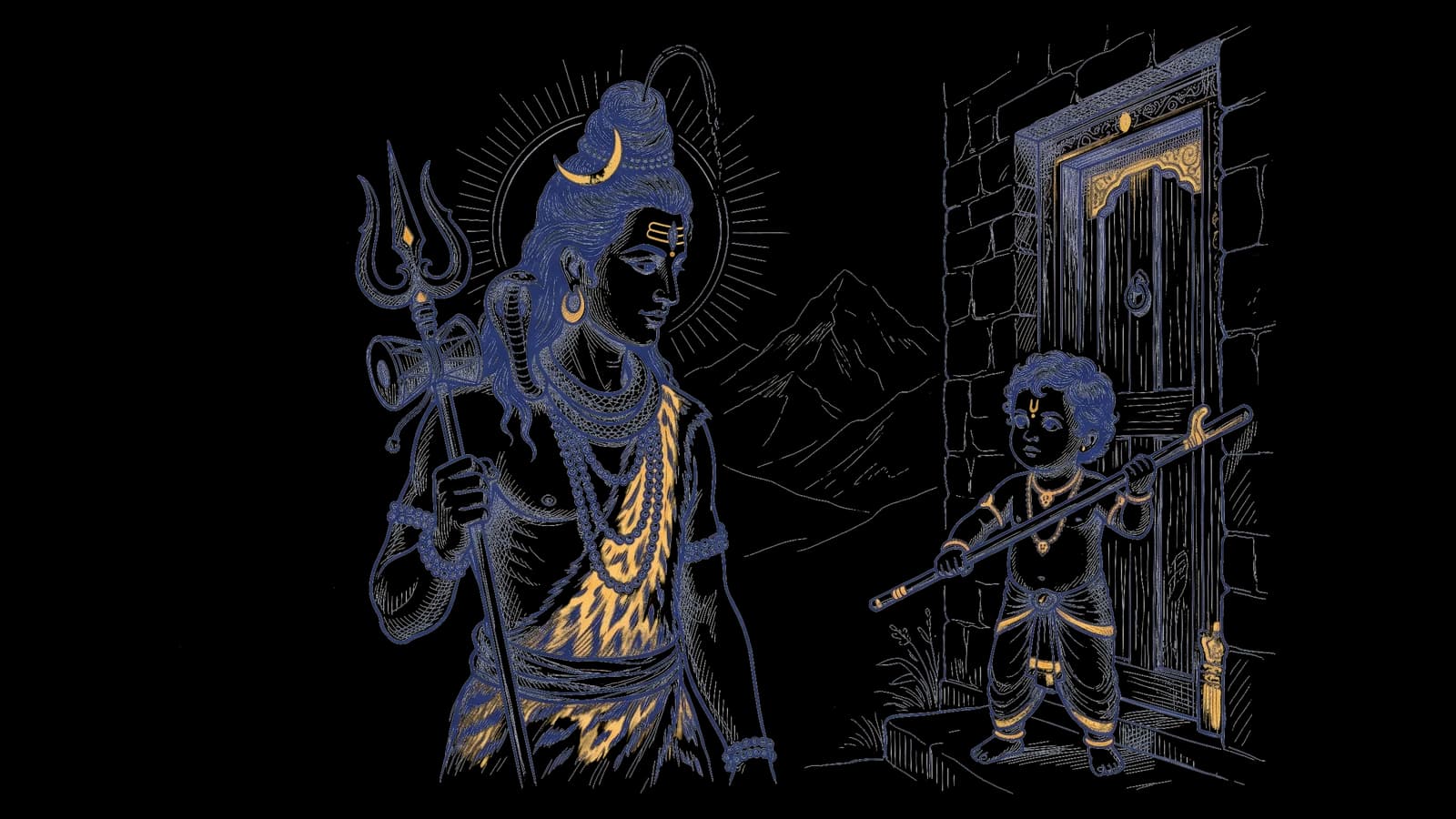 शिव जी द्वार पर, और बालक हाथ में छड़ी लिए रास्ता रोके खड़ा है