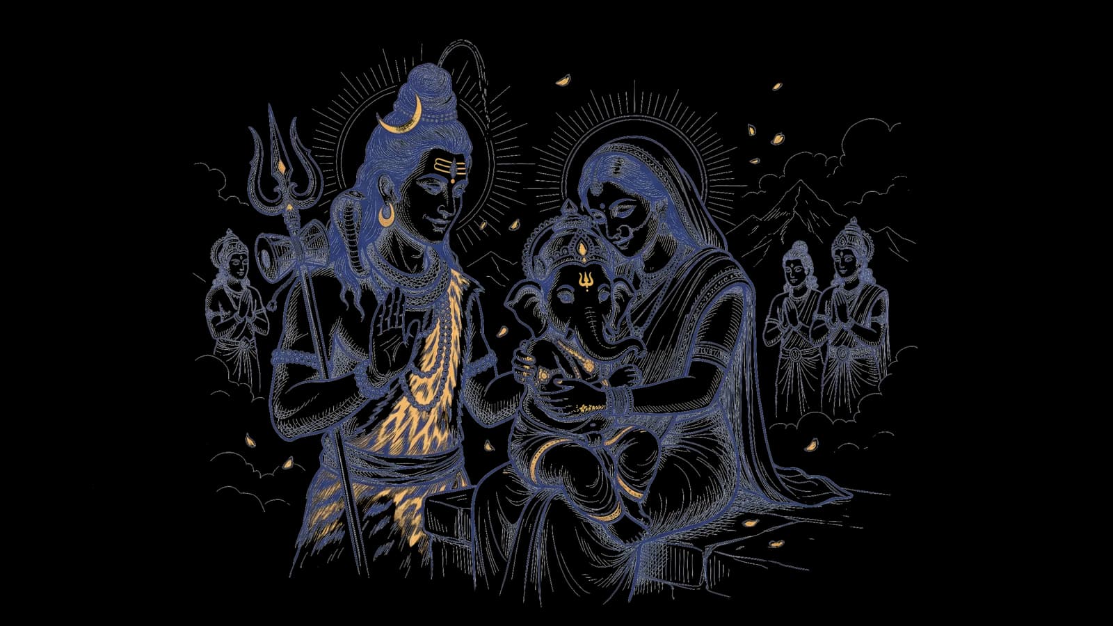 हाथी के मुख वाले बालक गणेश, माता पार्वती की गोद में, शिव जी आशीर्वाद देते हुए