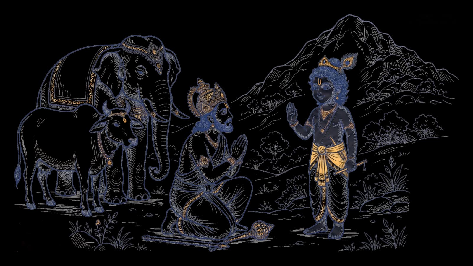 इंद्र देव हाथ जोड़कर कान्हा से क्षमा माँग रहे हैं, पीछे ऐरावत हाथी और कामधेनु गाय, और कान्हा आशीर्वाद दे रहे हैं