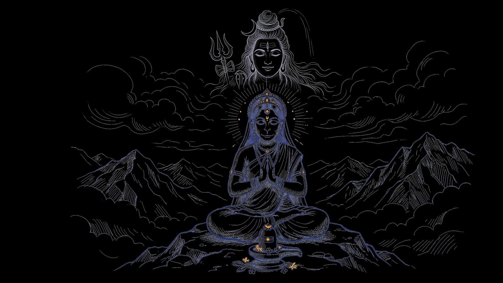 पर्वत पर बैठकर हाथ जोड़े शिव जी की तपस्या करतीं माता अंजना