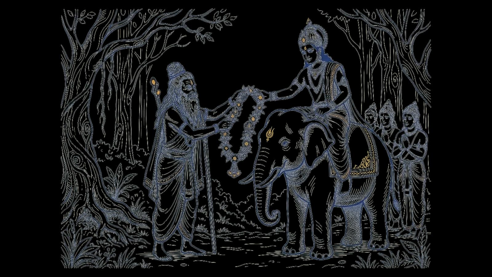 ऐरावत हाथी पर सवार देवराज इंद्र की ओर फूलों की सुगंधित माला बढ़ाते ऋषि दुर्वासा, पीछे देवता