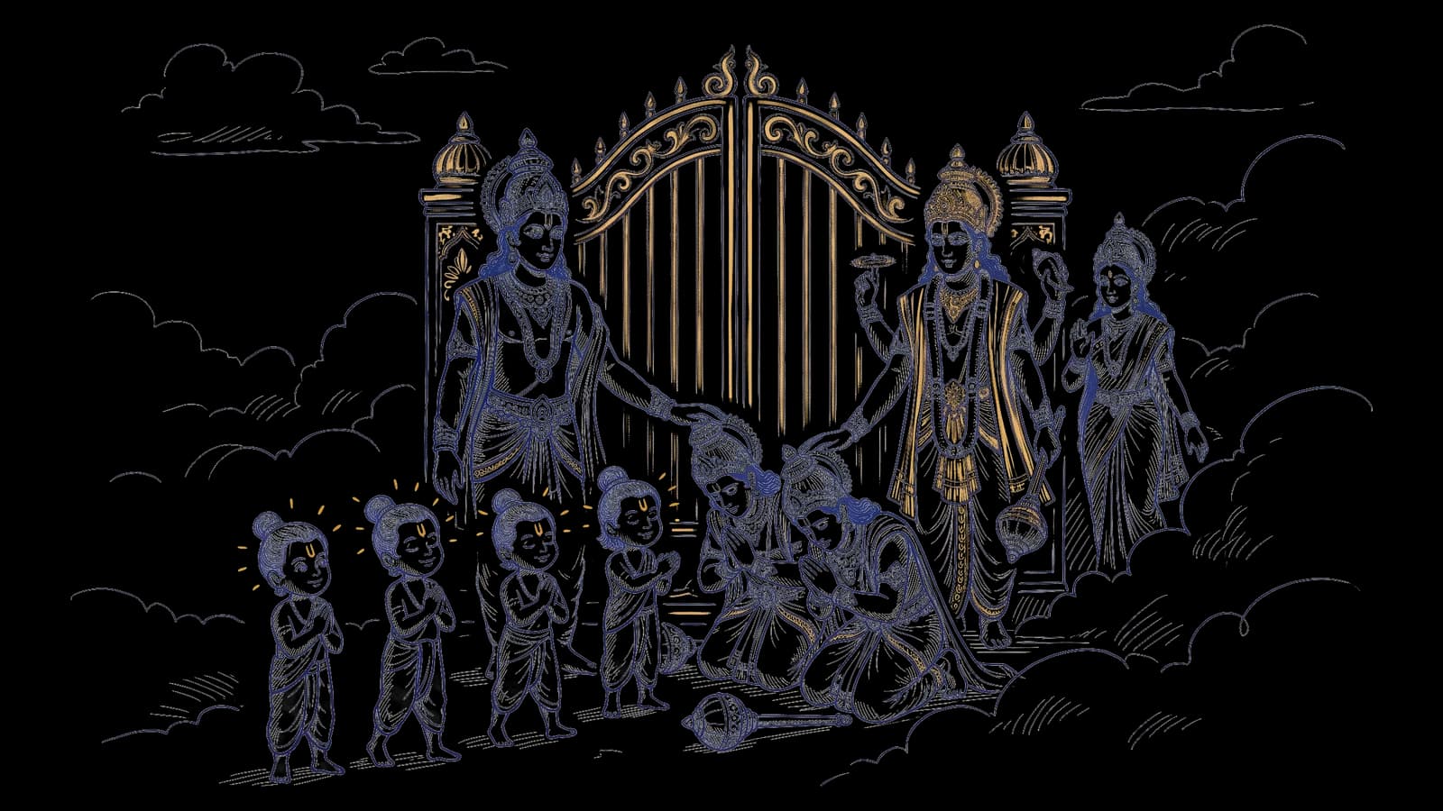 भगवान विष्णु जय और विजय के सिर पर प्यार से हाथ रखकर उन्हें सांत्वना दे रहे हैं, पास में हाथ जोड़े चारों बाल ऋषि