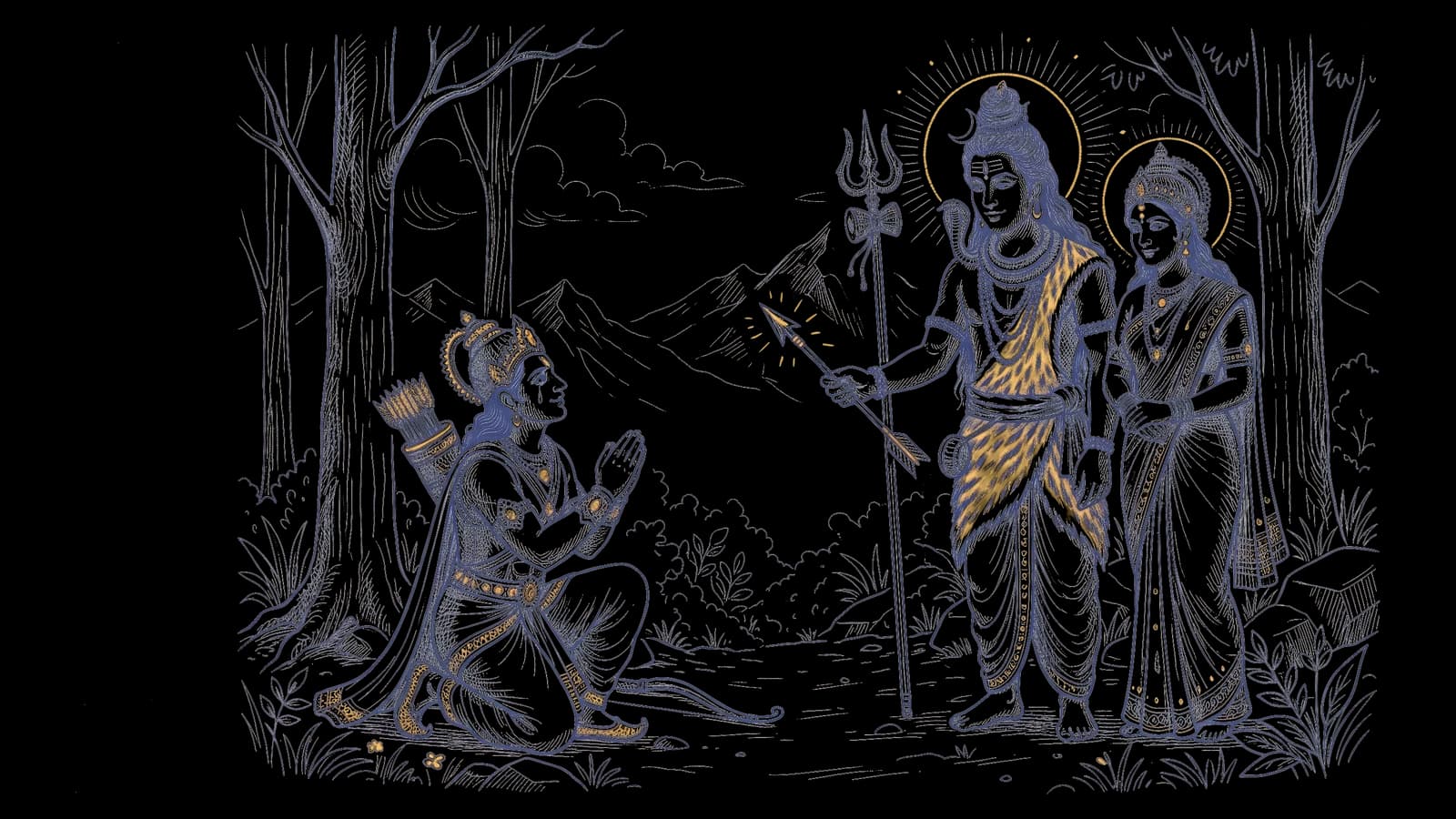 घुटनों पर बैठे, हाथ जोड़े अर्जुन, और सामने दिव्य रूप में भगवान शिव और माता पार्वती, शिव जी अर्जुन को पाशुपत अस्त्र दे रहे हैं