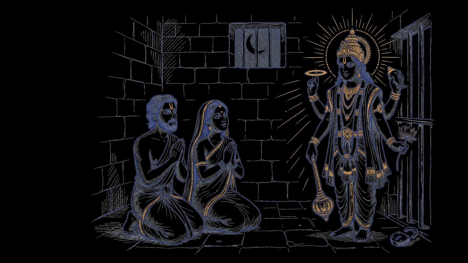 कारागार में हाथ जोड़े बैठे देवकी और वसुदेव, और उनके सामने दिव्य प्रकाश में प्रकट चार भुजाओं वाले भगवान विष्णु