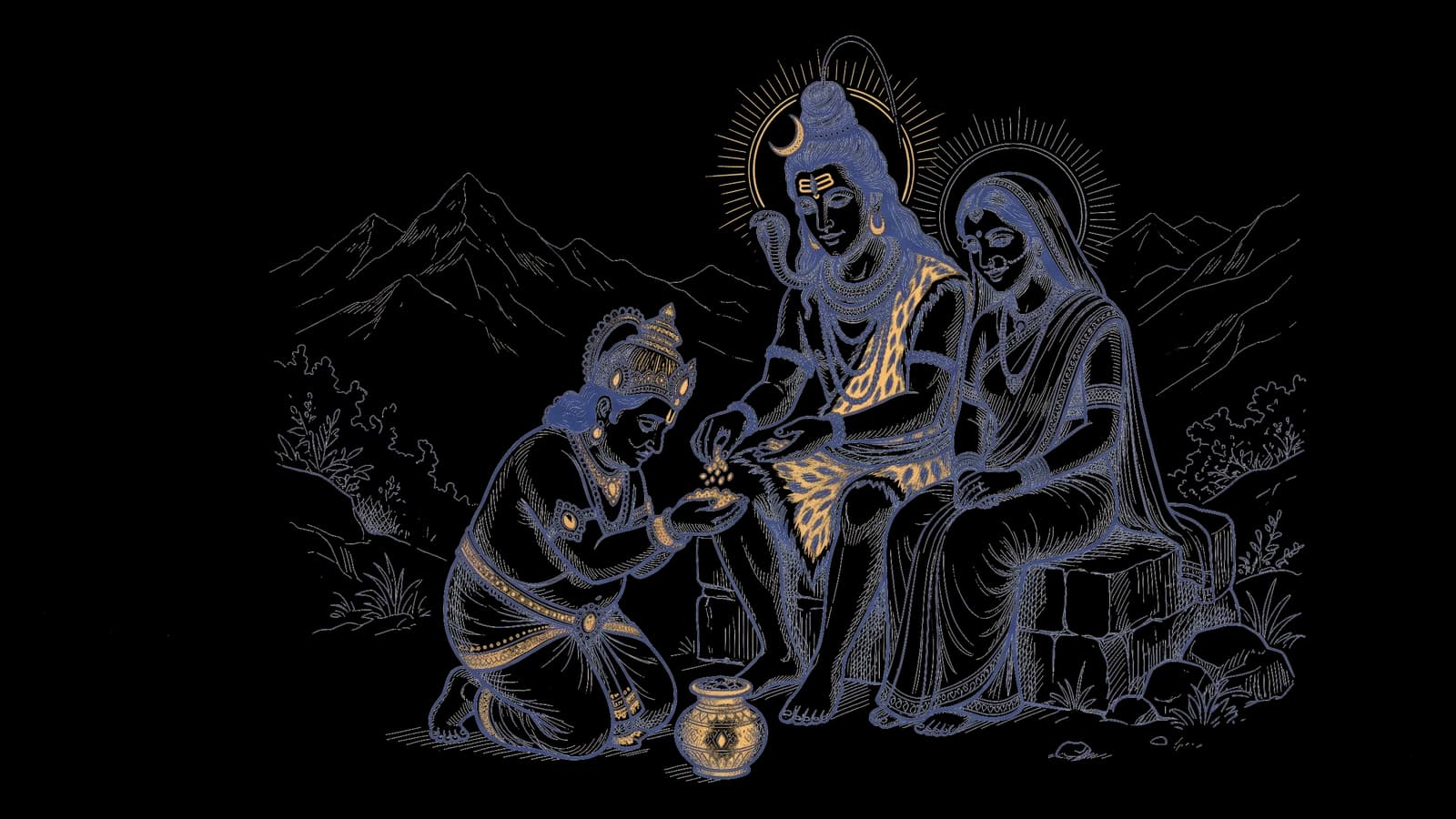 कैलाश पर शिव जी कुबेर को एक मुट्ठी भुने चावल देते हुए, और पास में माता पार्वती