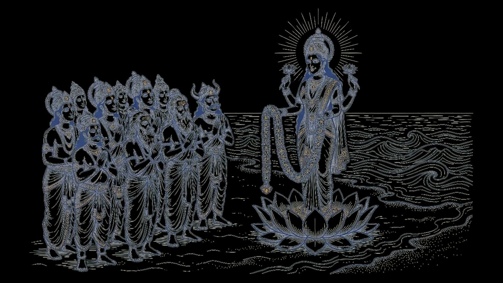 हाथ में वैजयंती माला लिए माता लक्ष्मी, सामने खड़े देवता, ऋषि और असुरों को ध्यान से देखती हुईं, किनारे पर लहराता समुद्र
