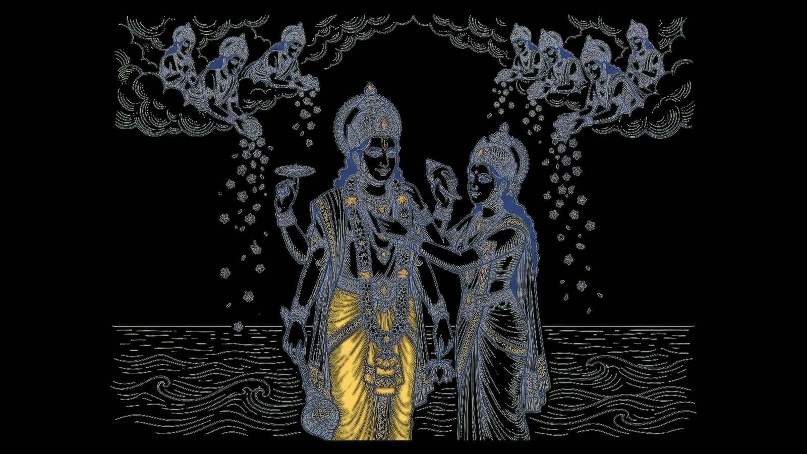माता लक्ष्मी भगवान विष्णु के गले में वैजयंती माला डाल रही हैं, ऊपर से फूल बरसाते देवता