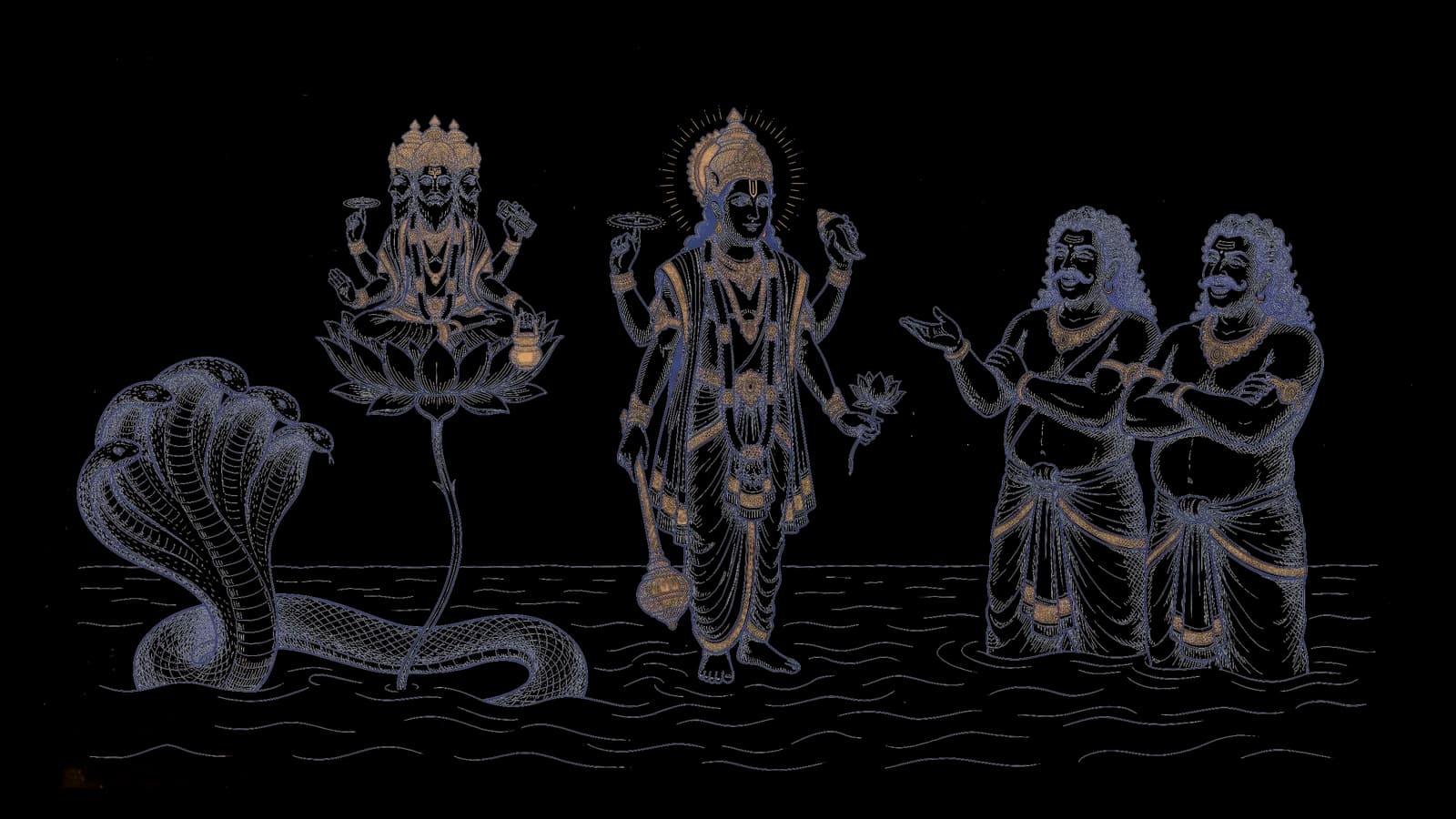 जागे हुए भगवान विष्णु शांत मुस्कान के साथ समुद्र पर खड़े हैं, सामने हाथ बाँधे हँसते हुए मधु और कैटभ, और कमल पर बैठे ब्रह्मा जी