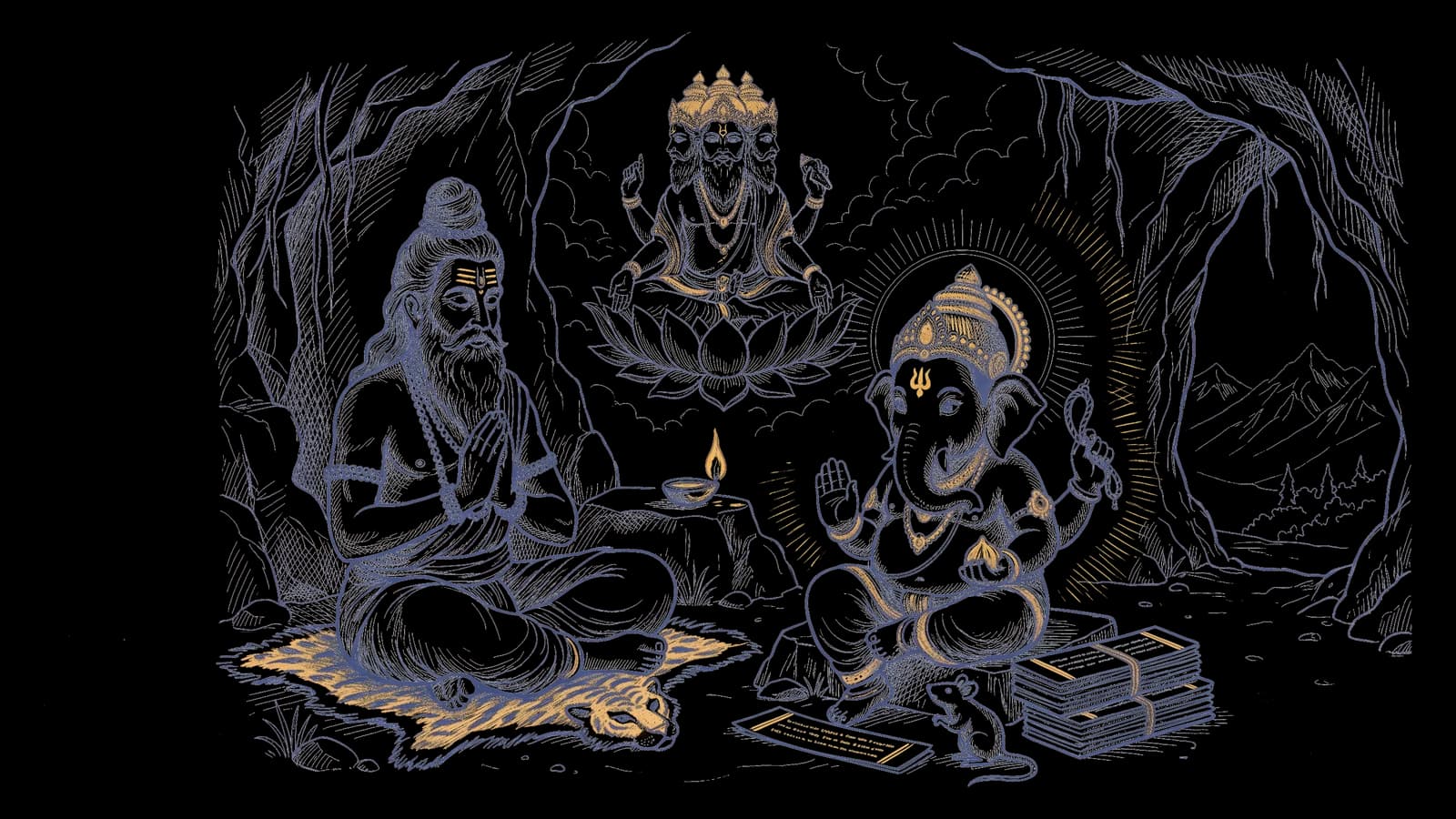 हिमालय की गुफा में बैठे वेद व्यास जी, और सामने प्रकट होते गणेश जी