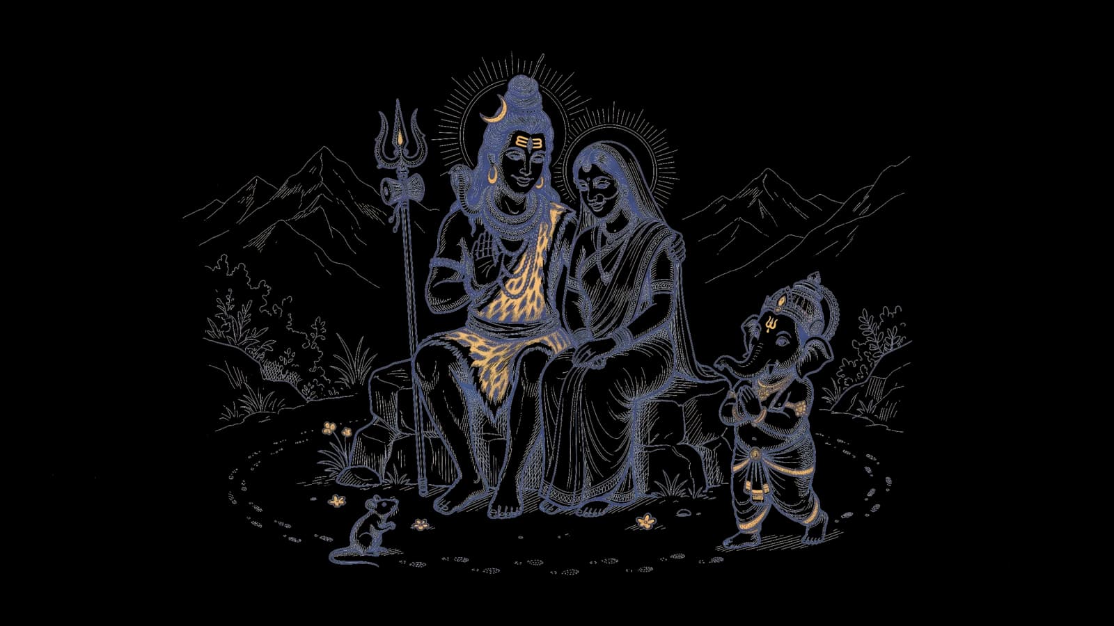 शिव जी और माता पार्वती आसन पर बैठे हैं, और गणेश जी हाथ जोड़कर उनकी परिक्रमा कर रहे हैं