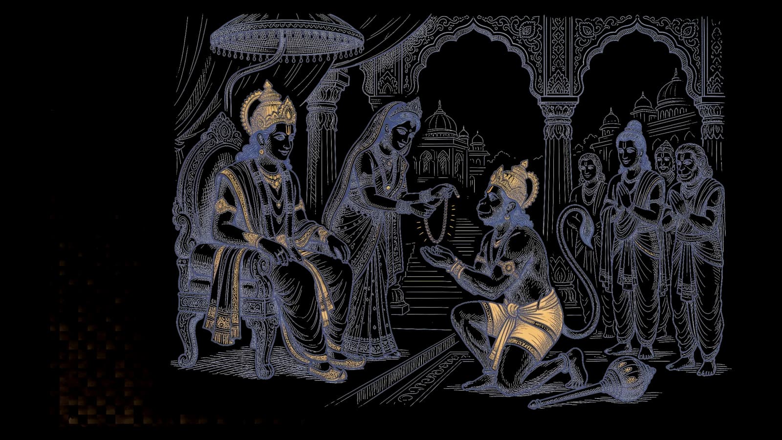 राज दरबार में सिंहासन पर बैठे श्री राम, और हनुमान जी को मोतियों की माला देती सीता माता