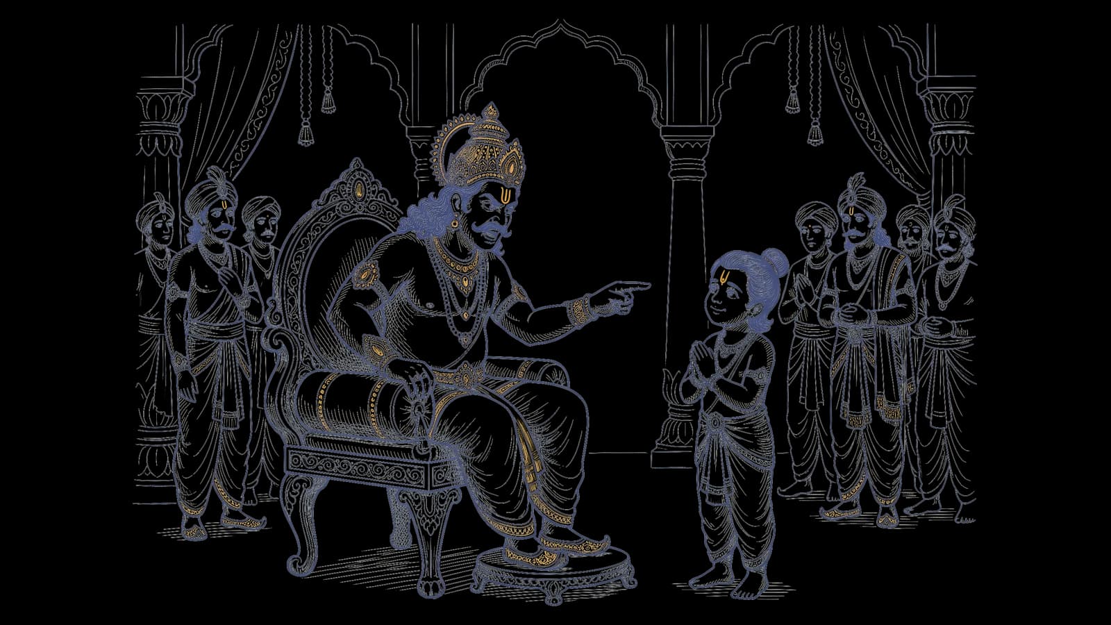 सिंहासन पर क्रोध से बैठा असुर राजा हिरण्यकशिपु, और उसके सामने शांत भाव से हाथ जोड़े खड़ा नन्हा प्रह्लाद