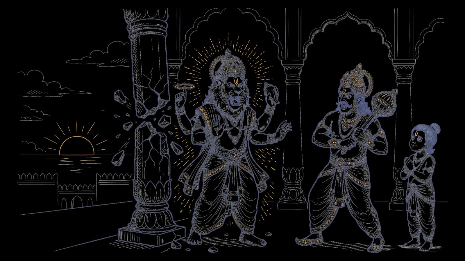 संध्या के समय महल की देहरी पर फटे खंभे से प्रकट होते सिंह के मुख वाले भगवान नृसिंह, और पीछे हटता हिरण्यकशिपु