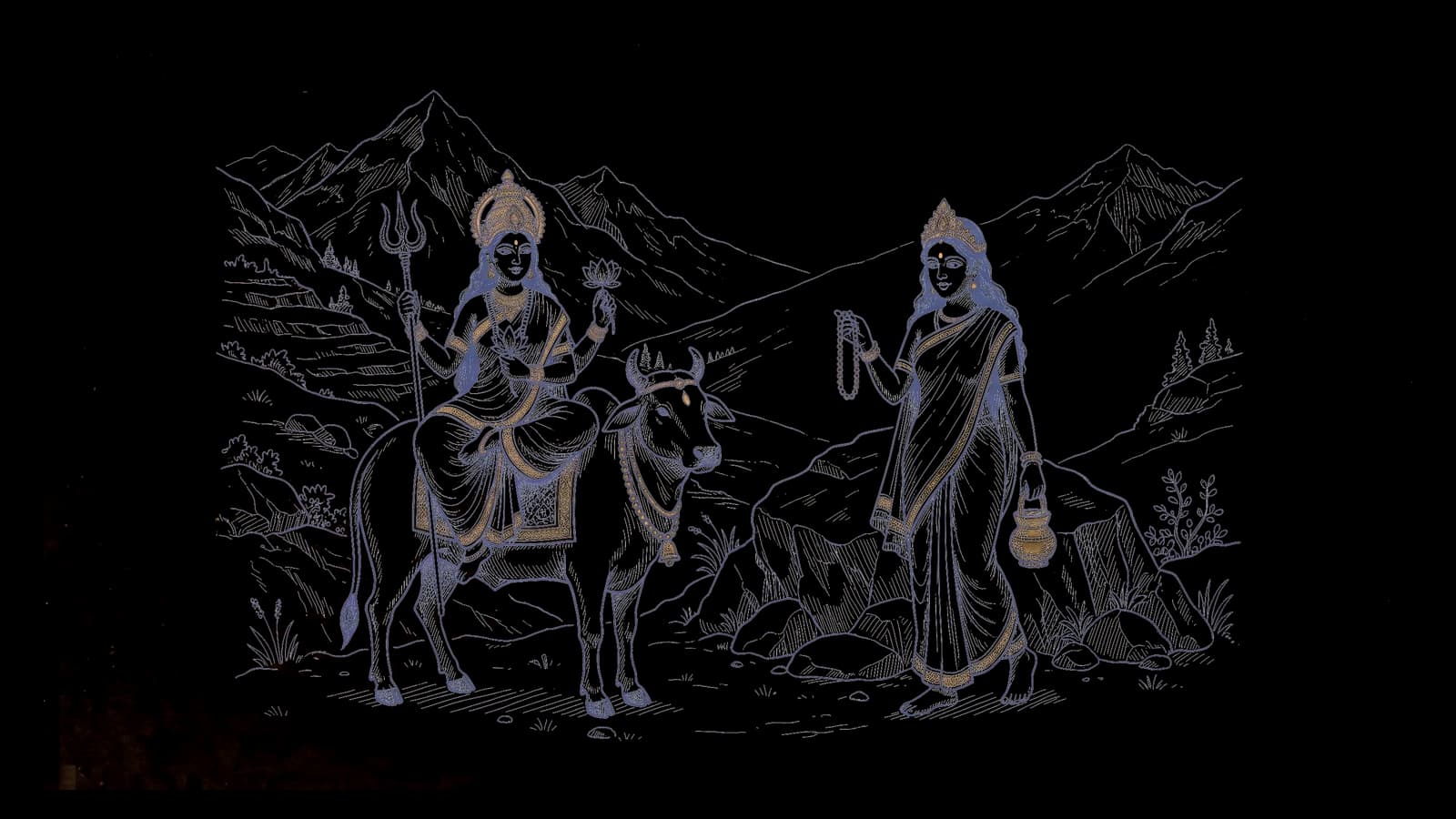 हिमालय में बैल पर सवार, त्रिशूल और कमल लिए माँ शैलपुत्री, और पास में माला और कमंडल लिए नंगे पैर चलती तपस्विनी माँ ब्रह्मचारिणी