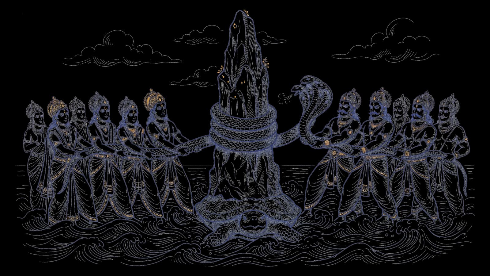समुद्र मंथन, बीच में मंदराचल पर्वत, उसके नीचे कछुआ, चारों ओर लिपटे वासुकि नाग, और दोनों ओर से खींचते देवता और असुर