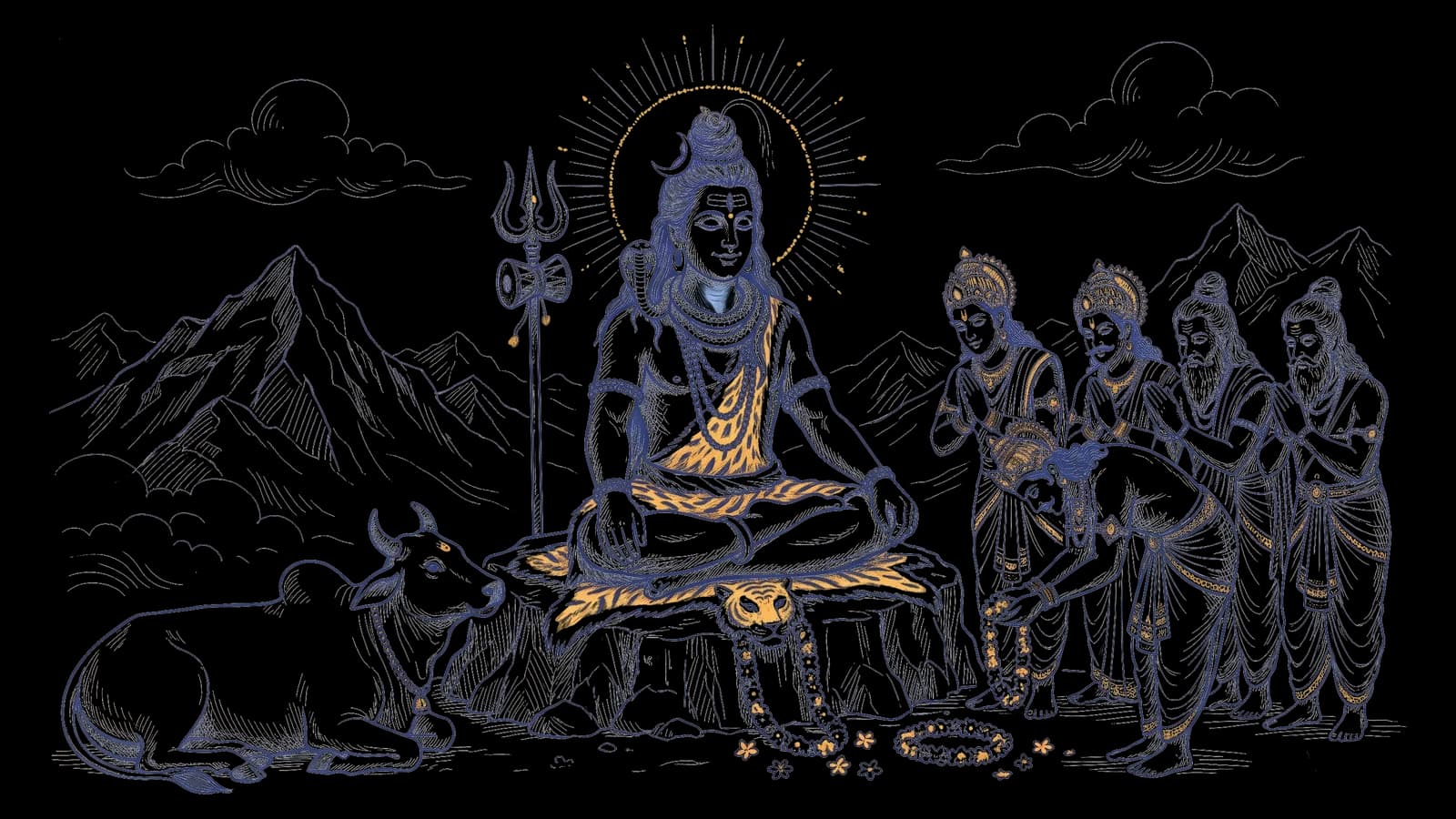 नीले कंठ वाले भगवान शिव कैलाश पर ध्यान में बैठे हैं, और देवता और ऋषि हाथ जोड़कर उन्हें फूल चढ़ा रहे हैं