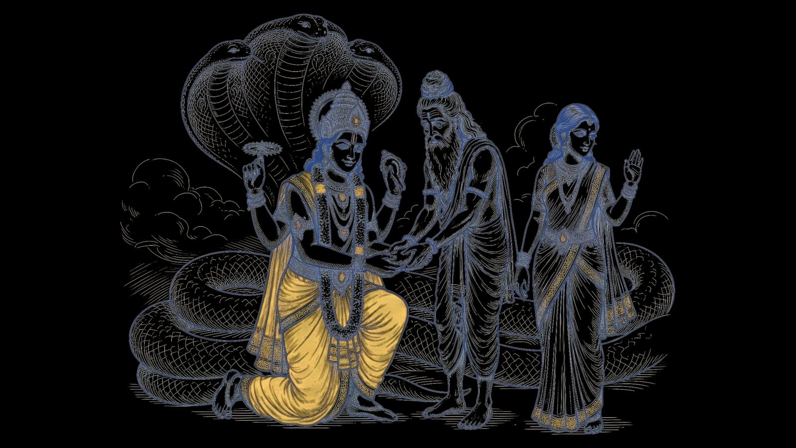 वैकुंठ में शेषनाग के सामने भगवान विष्णु घुटनों पर बैठकर विनम्रता से ऋषि भृगु के हाथ थामे हुए हैं, और पास खड़ी माता लक्ष्मी नाराज़ हैं