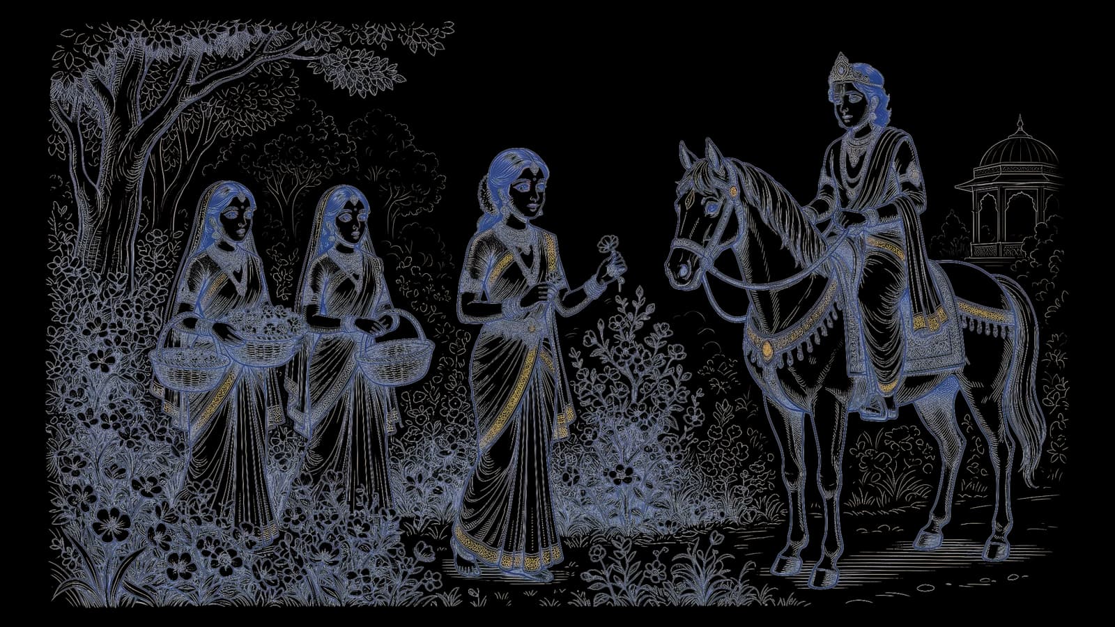 एक बगीचे में अपनी सखियों के साथ खड़ी पद्मावती, और घोड़े पर सवार राजकुमार के वेश में श्रीनिवास उन्हें पहली बार देखते हुए