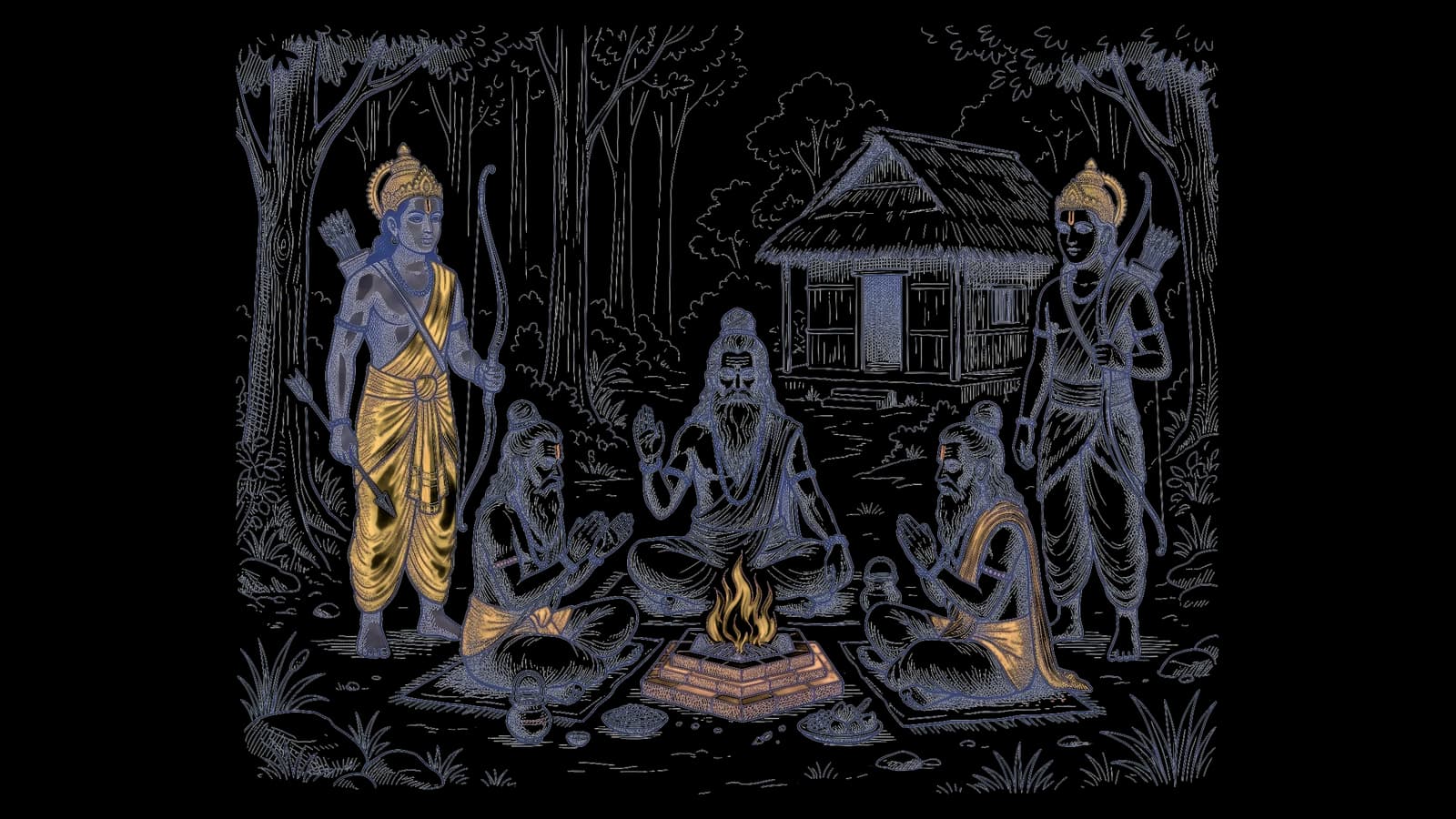 वन में ऋषि यज्ञ की अग्नि के पास बैठे मंत्र पढ़ रहे हैं, और दोनों ओर धनुष पर बाण चढ़ाए पहरा देते राम और लक्ष्मण