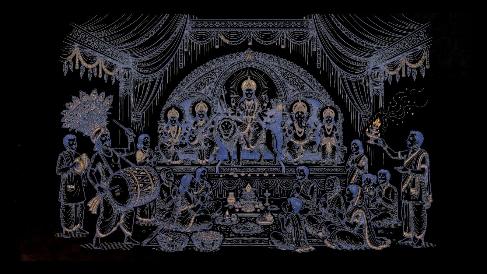 आज की दुर्गा पूजा का उत्सव, सजे पंडाल में सिंह पर सवार माँ दुर्गा के साथ गणेश, कार्तिकेय, लक्ष्मी और सरस्वती, ढाक बजाता ढाकी, आरती करते पुजारी, और हाथ जोड़े परिवार