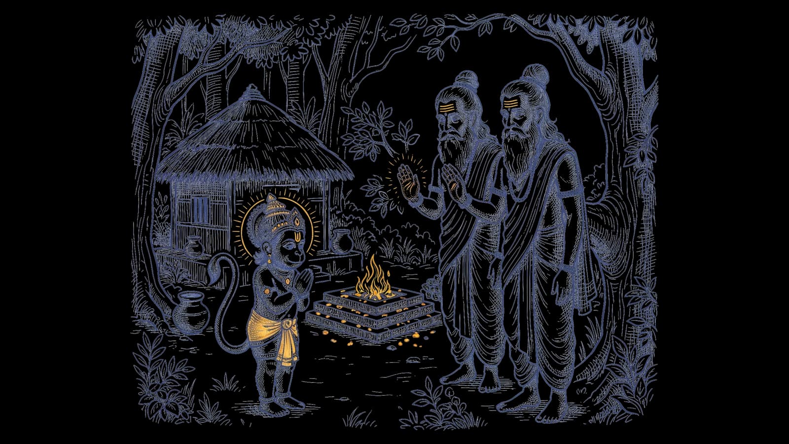 हाथ उठाकर श्राप देते ऋषि, और सामने हाथ जोड़कर शांत खड़े बाल हनुमान