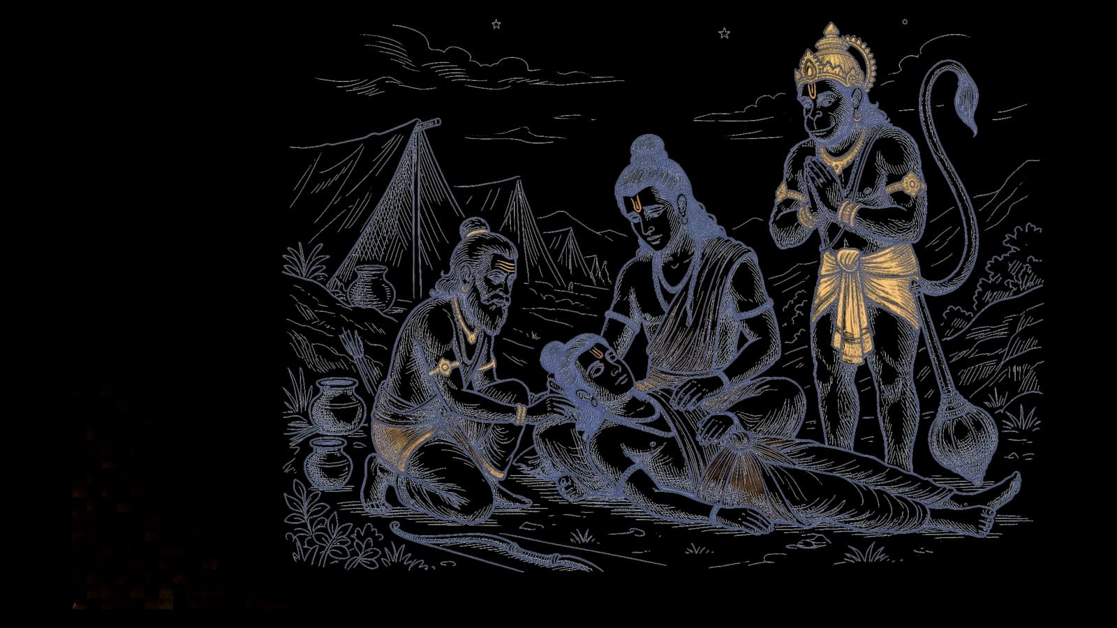 श्री राम की गोद में अचेत लक्ष्मण जी, पास बैठे सुषेण वैद्य, और चिंता में खड़े हनुमान जी