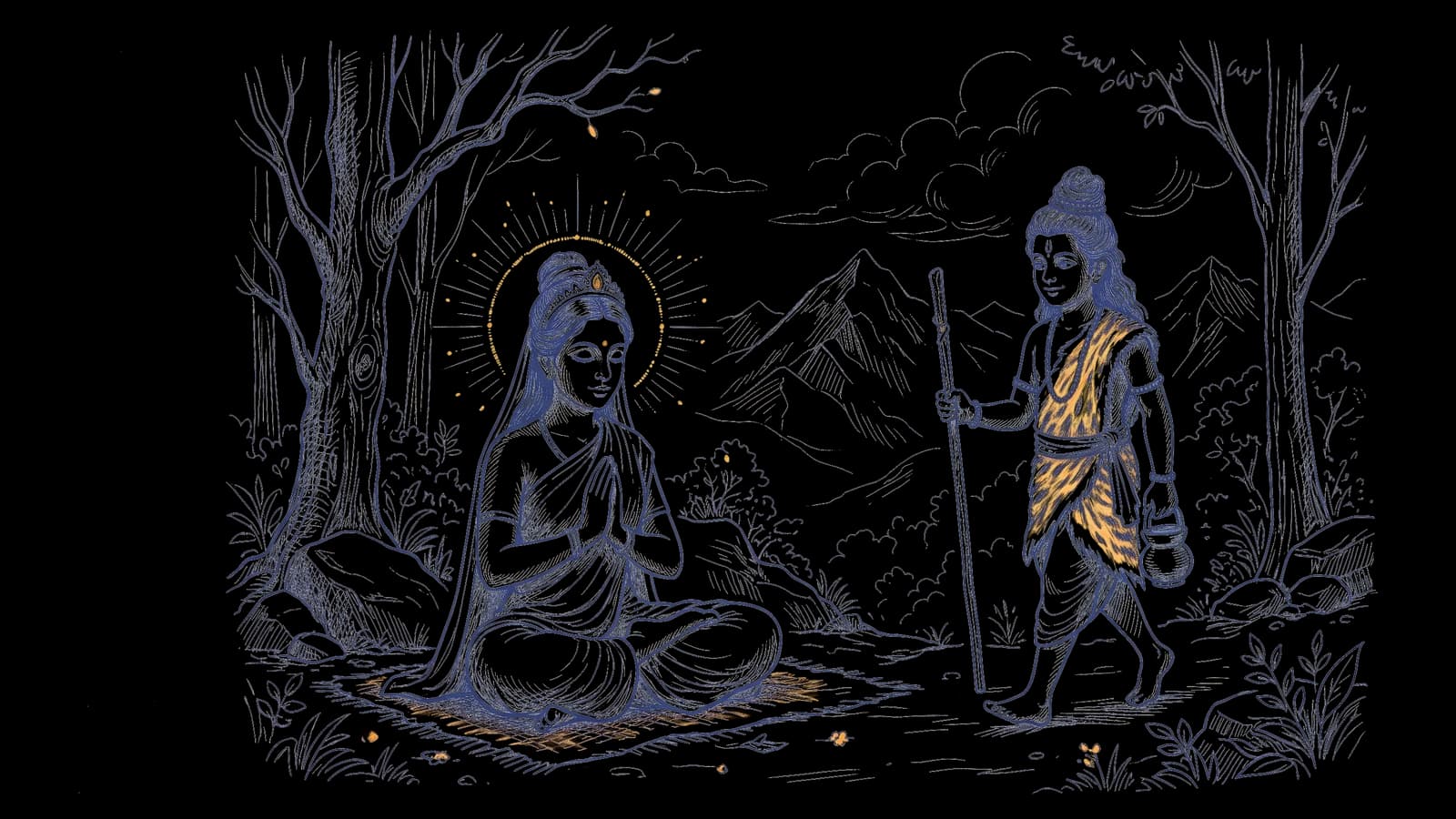 हिमालय के वन में हाथ जोड़कर तपस्या करतीं पार्वती, और उनकी ओर मुस्कुराते हुए आता एक युवा ब्रह्मचारी