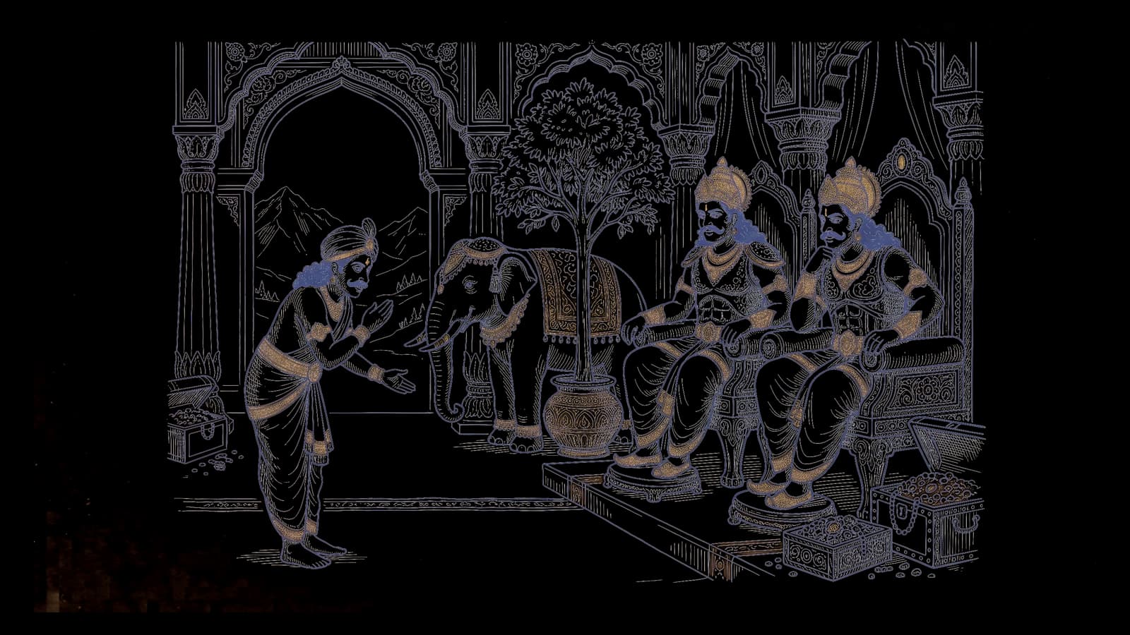 ख़ज़ानों से भरे भव्य महल में ऊँचे सिंहासनों पर बैठे असुर भाई शुंभ और निशुंभ, और झुककर पहाड़ों की ओर इशारा करता दूत