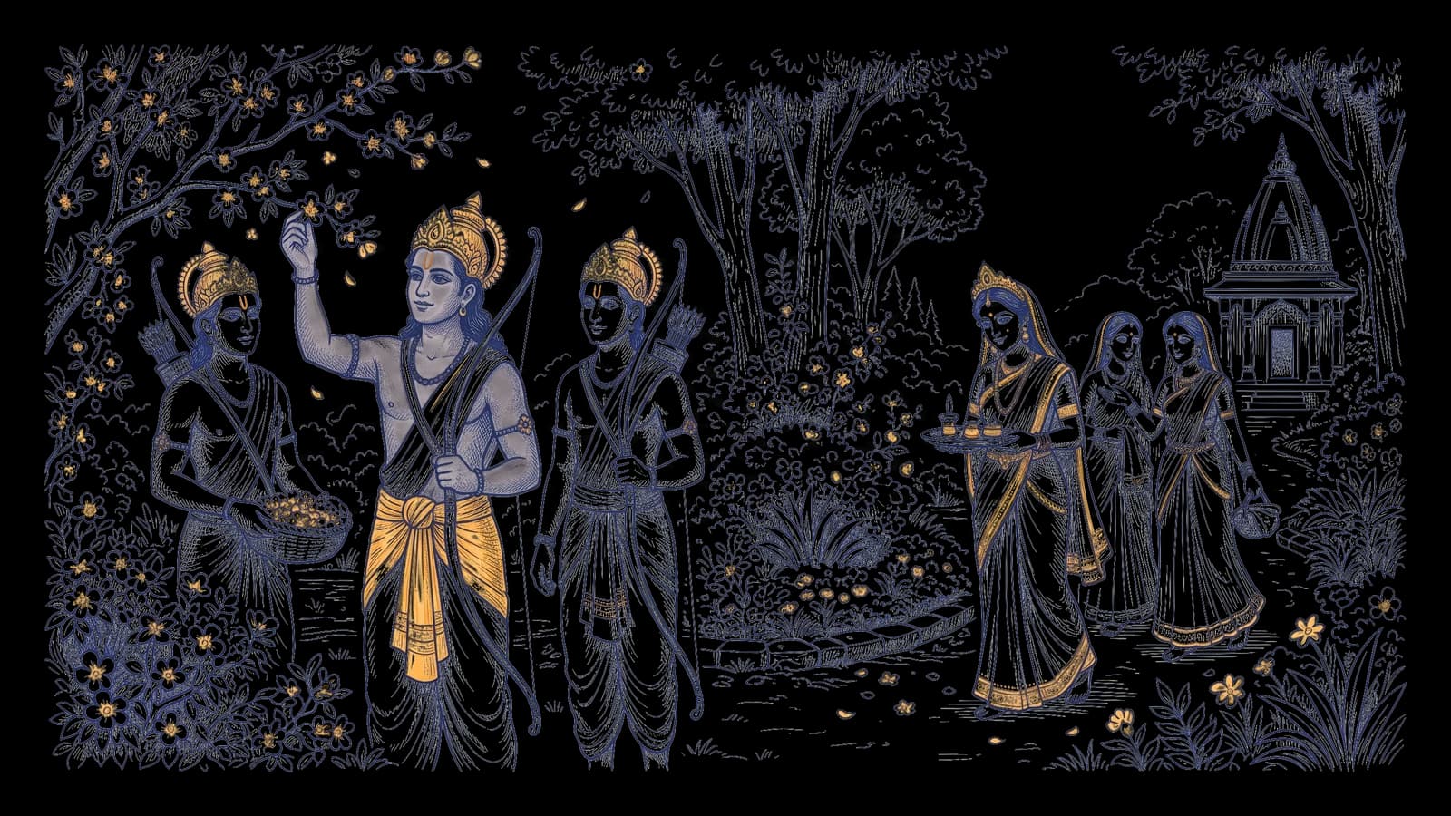मिथिला की पुष्प वाटिका में फूल चुनते राम और लक्ष्मण, और दूसरी ओर पूजा की थाली लिए सखियों के साथ आती सीता, जो पेड़ों के बीच से पहली बार राम को देख रही हैं