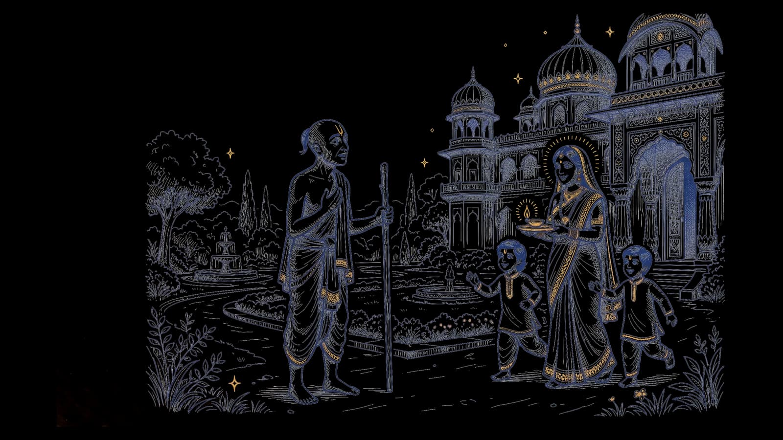 अपने गाँव लौटकर हैरान खड़े सुदामा, झोंपड़ी की जगह सुंदर महल, और दीपक लेकर स्वागत करने आती उनकी पत्नी और बच्चे