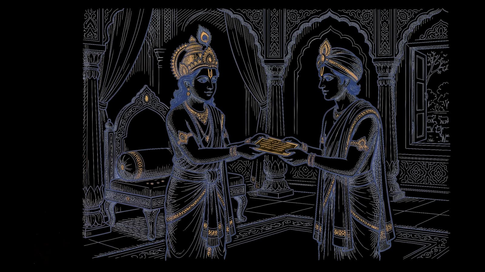 मथुरा के महल में श्री कृष्ण उद्धव को एक पत्र दे रहे हैं, उनके चेहरे पर वृंदावन की याद का भाव है