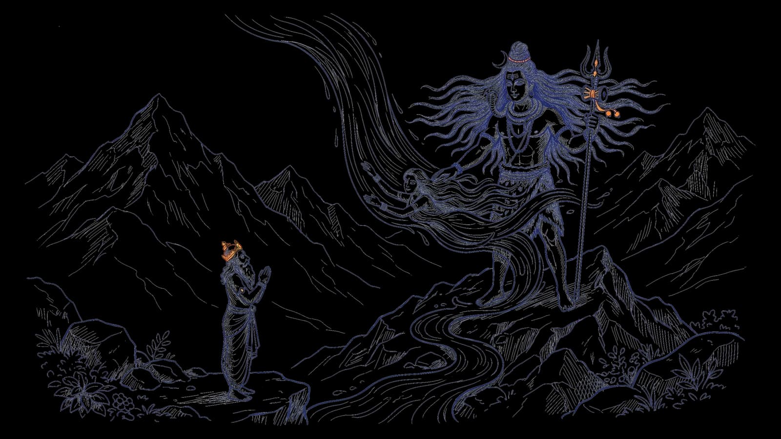 भगवान शिव गंगा को अपनी जटाओं में थामते हैं, और राजा भगीरथ हाथ जोड़े खड़े हैं