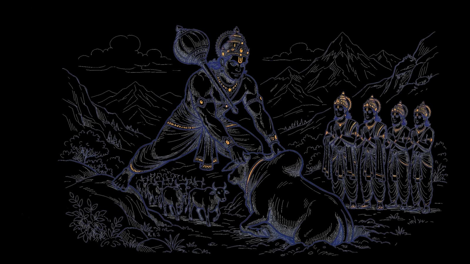 दो पहाड़ियों पर पैर फैलाए भीम, और धरती में समाता बैल, जिसका कूबड़ भीम पकड़ लेते हैं