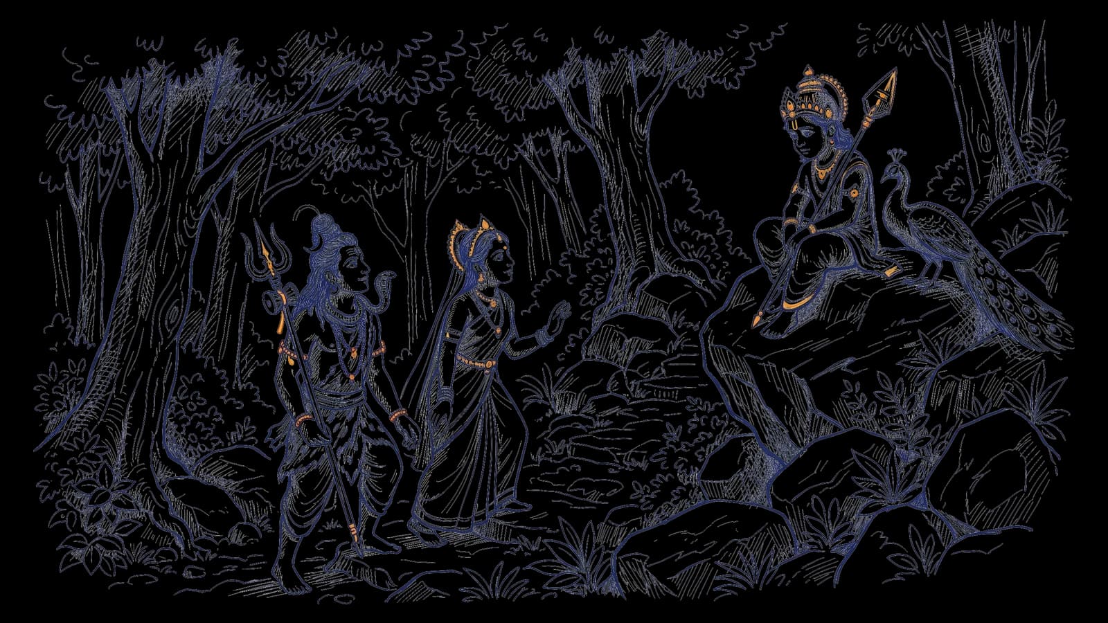 क्रौंच पर्वत पर रूठे कार्तिकेय, और उन्हें मनाने आए शिव जी और माता पार्वती