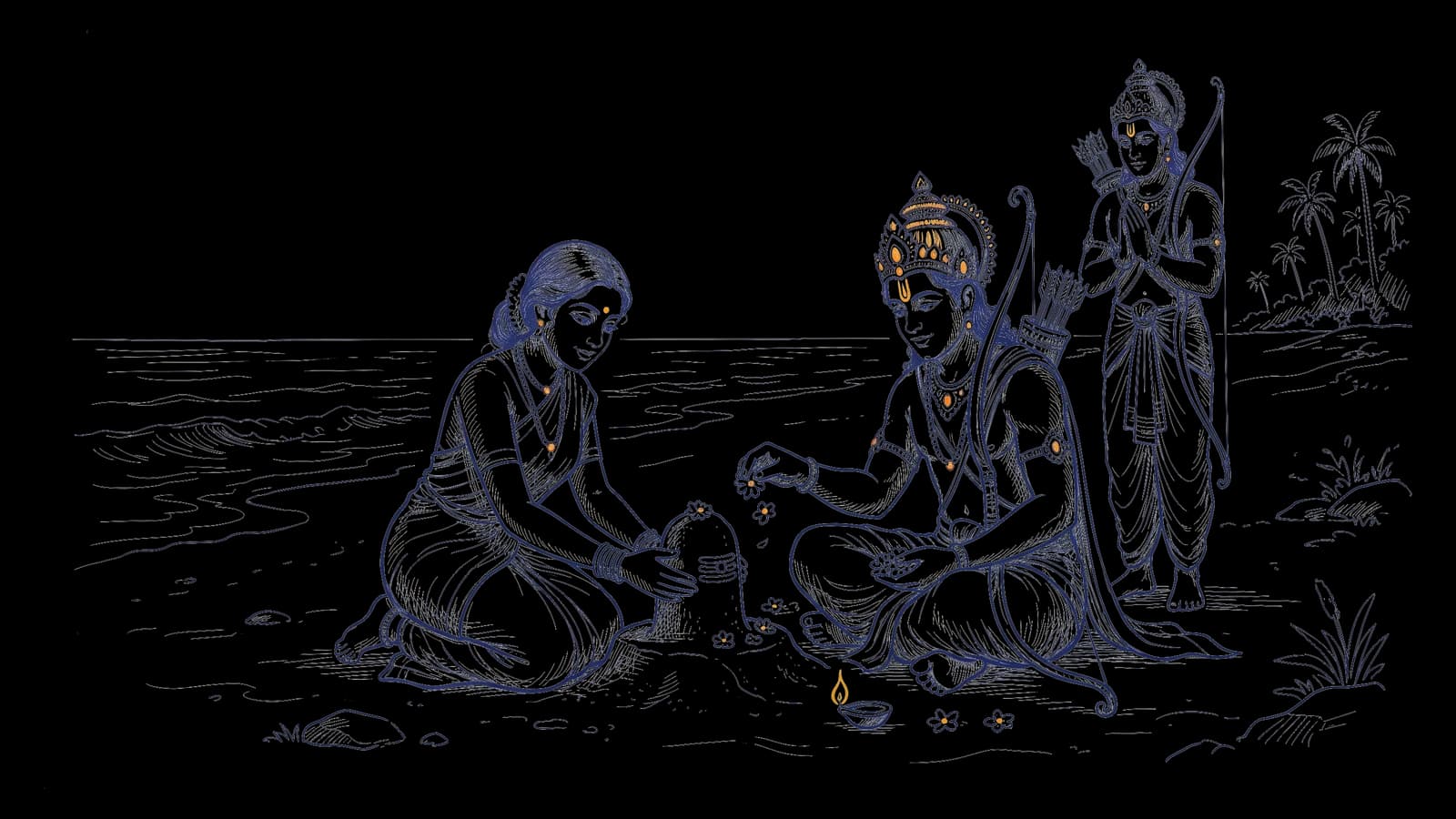 समुद्र तट पर माता सीता रेत से शिवलिंग बनाती हैं, और भगवान राम उसकी पूजा करते हैं